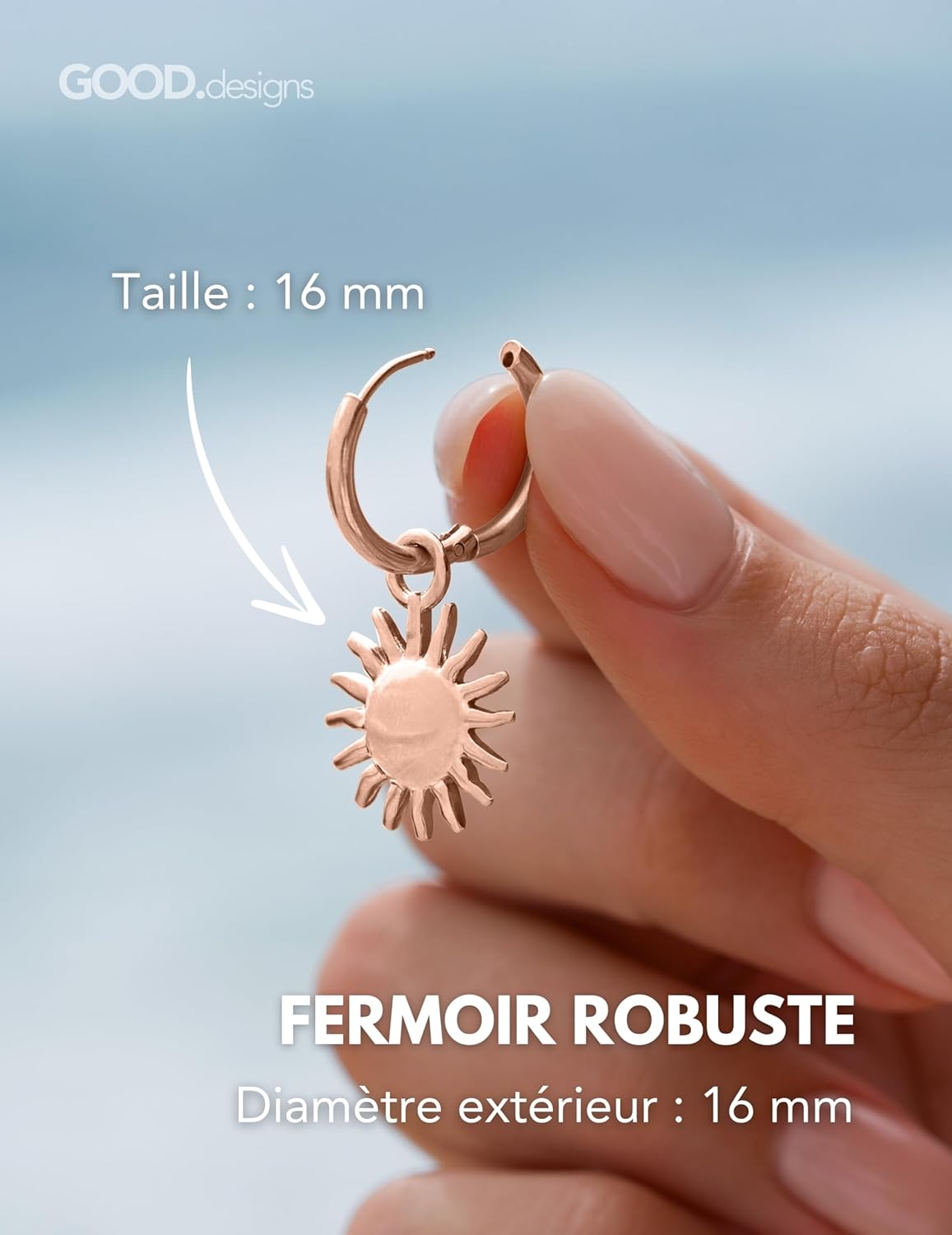 Detalle de Boucles d'oreilles créoles avec pendentif soleil – acier 316L en argent, or 18K ou rose 18K, 17 mm