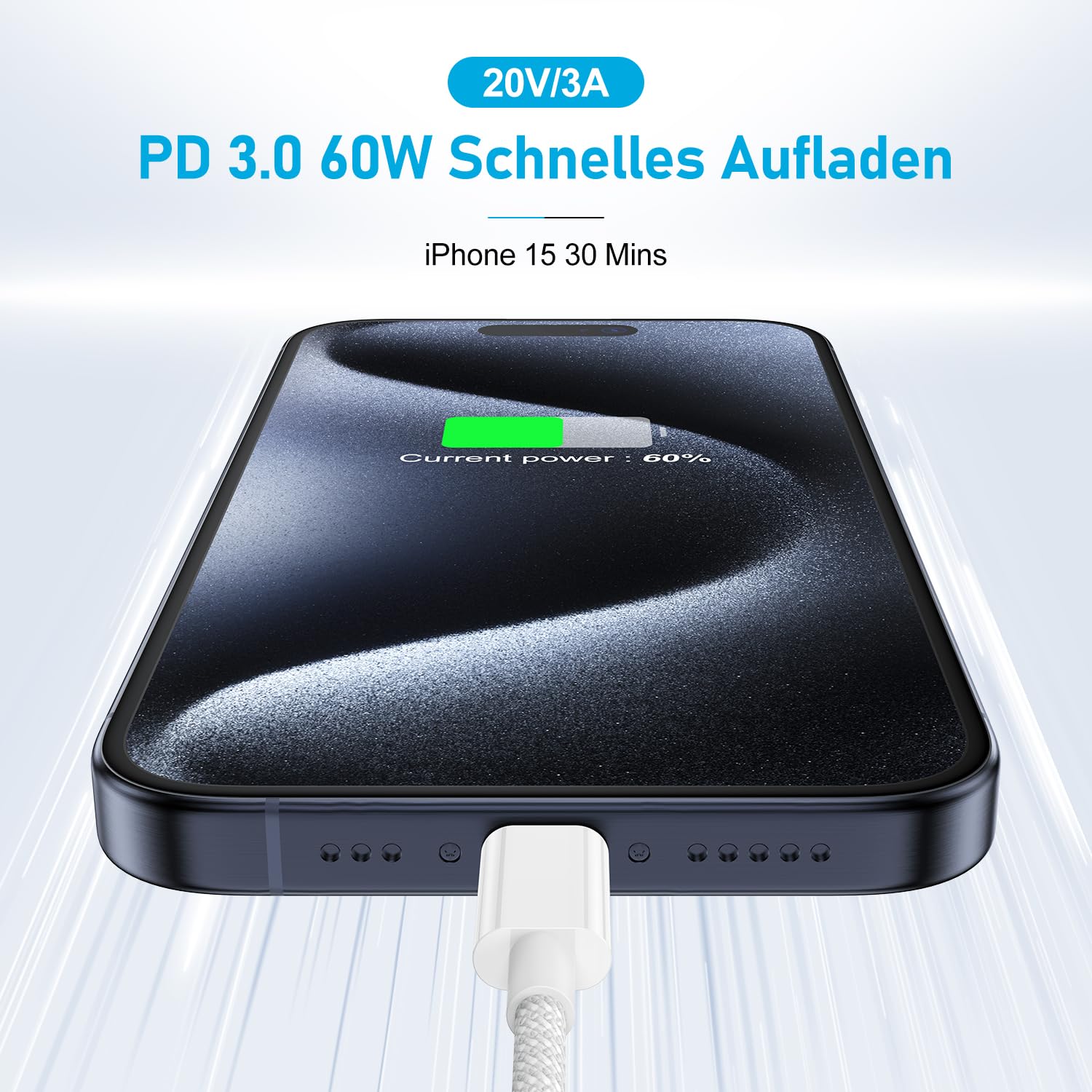 Thumbnail 1 de iPhone 15 Ladekabel 2er-Set geflochten USB‑C auf USB‑C (PD bis 60 W)