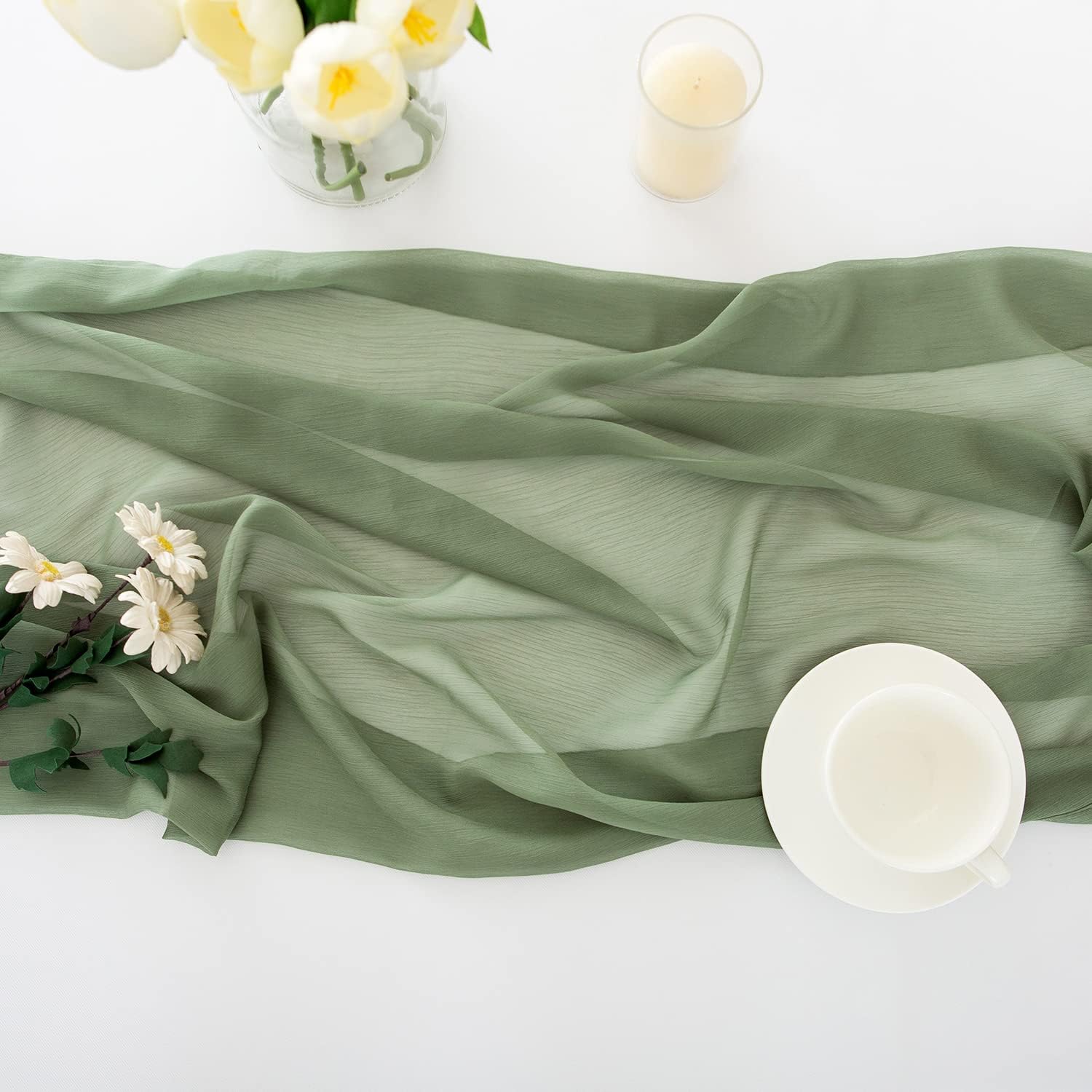 Detalle de CHUQING Tischläufer Grün Chiffon – 70 × 300 cm, Salbeigrün/Hellgrün
