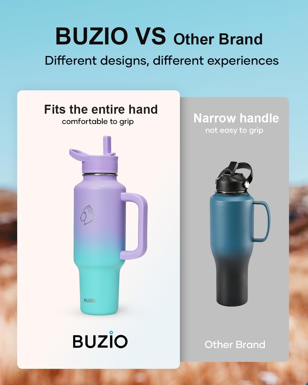 Detalle de BUZIO Isolierte Wasserflasche mit Becherhalterfreundlich, 40oz – Thermo-Becher mit Griff, spülmaschinenfest, hält 48 Std. kalt
