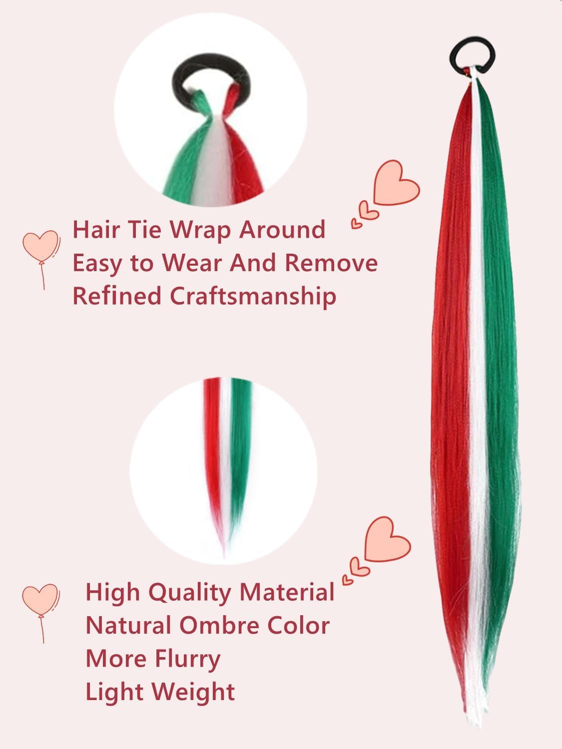 Detalle de 2er-Pack Farbige Zopffrisuren-Ponytail-Extensions, 26 Zoll – Grün, Rot, Weiß (Weihnachten) – Einfaches Styling, mitHaarschlaufe