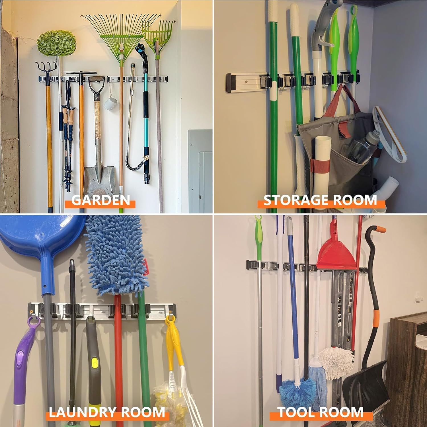 Detalle de reliahom Wall Mount Broom Holder, 5 Racks, 4 Hooks, Black Stainless Steel