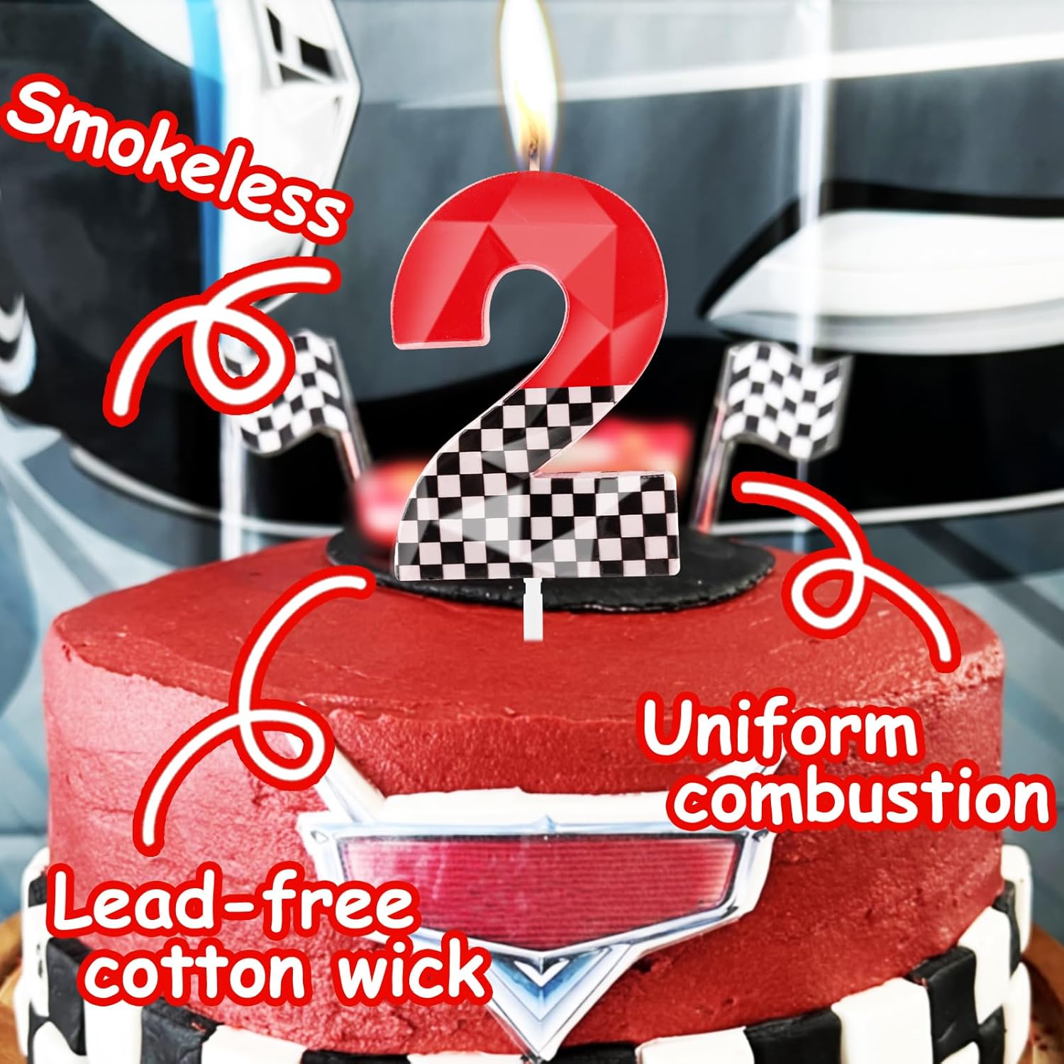 Thumbnail 2 de Hongplus 3D Racing Cars themed birthday candles (includes number 2 candle) – black, white checkered & red cake topper