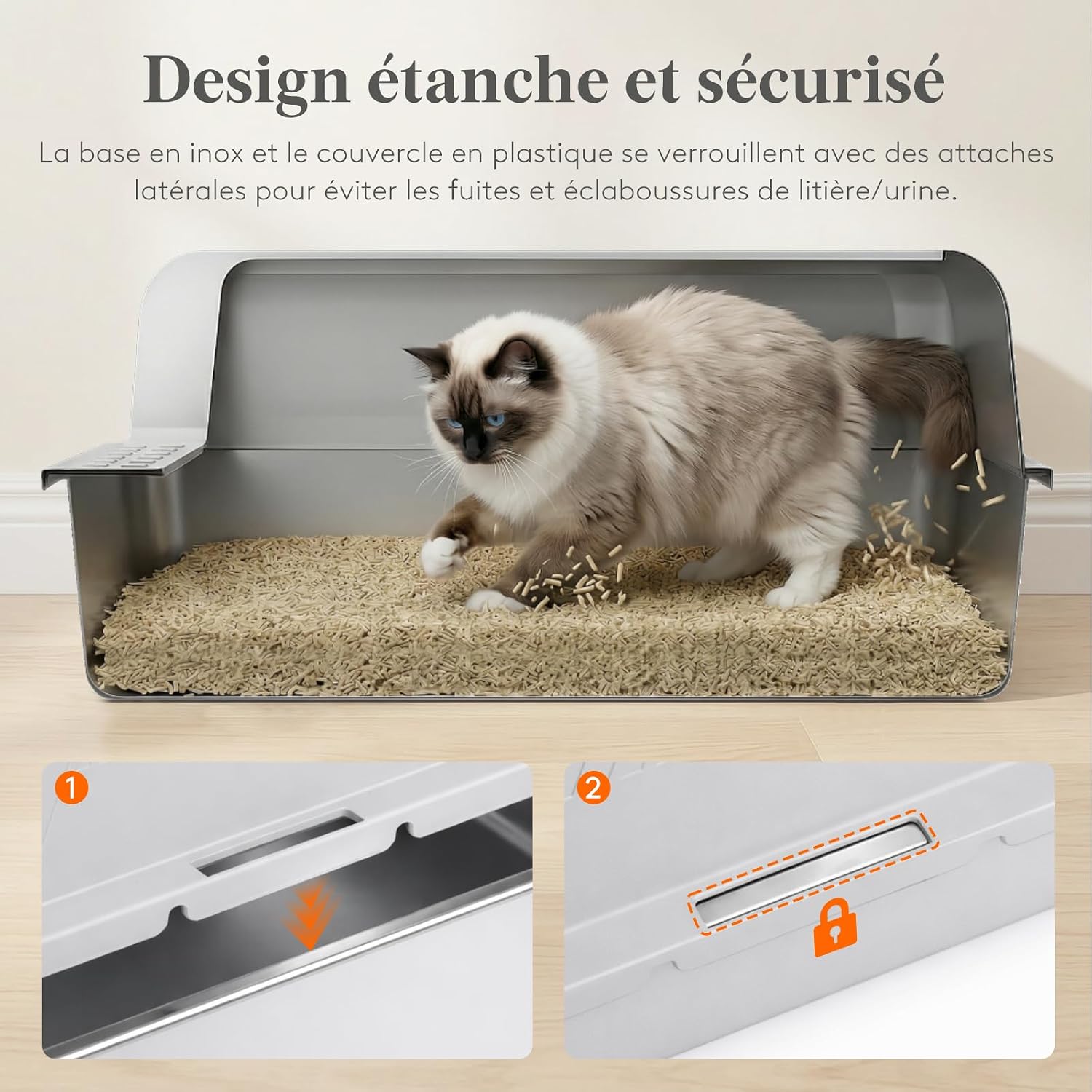 Detalle 2 de Lifewit litière pour chat ouverte en acier inoxydable avec pelle et grand bac XXL (sans couvercle) – Gris