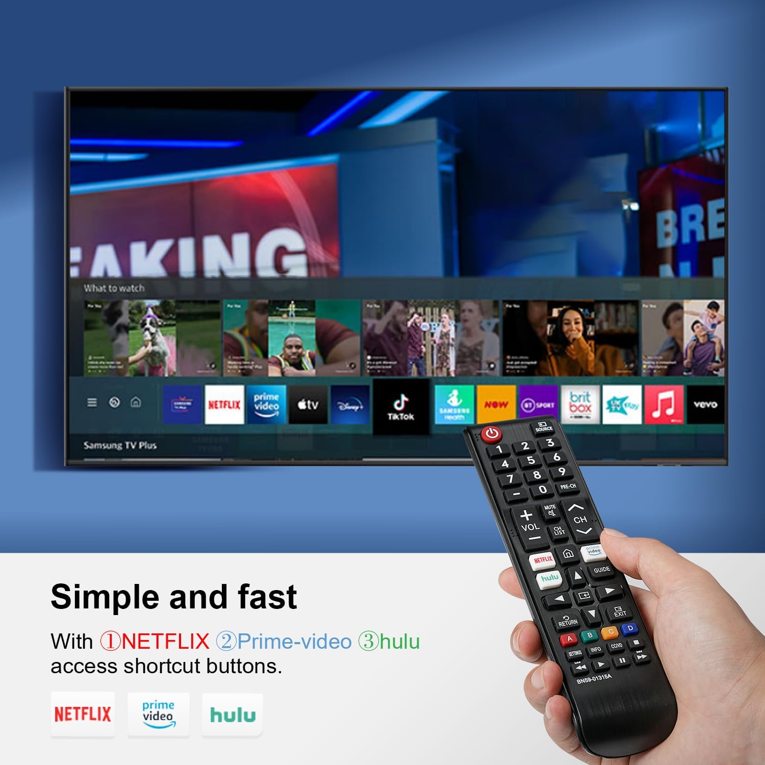 Thumbnail 3 de Universal Replacement Remote for Samsung Smart TV with Netflix, Prime Video, and Hulu Buttons (BN59-01315A)