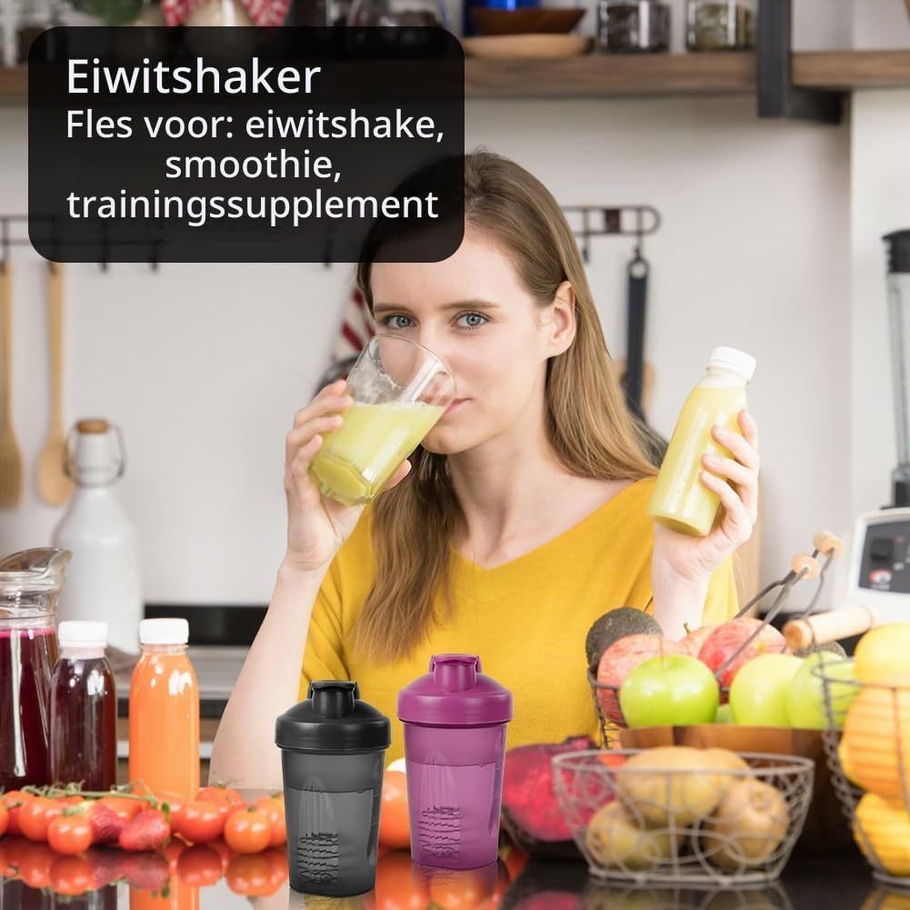 Detalle 1 de ACWOO 4641179 proteïneshakers met mixbal, lekvrij, zwart en paars