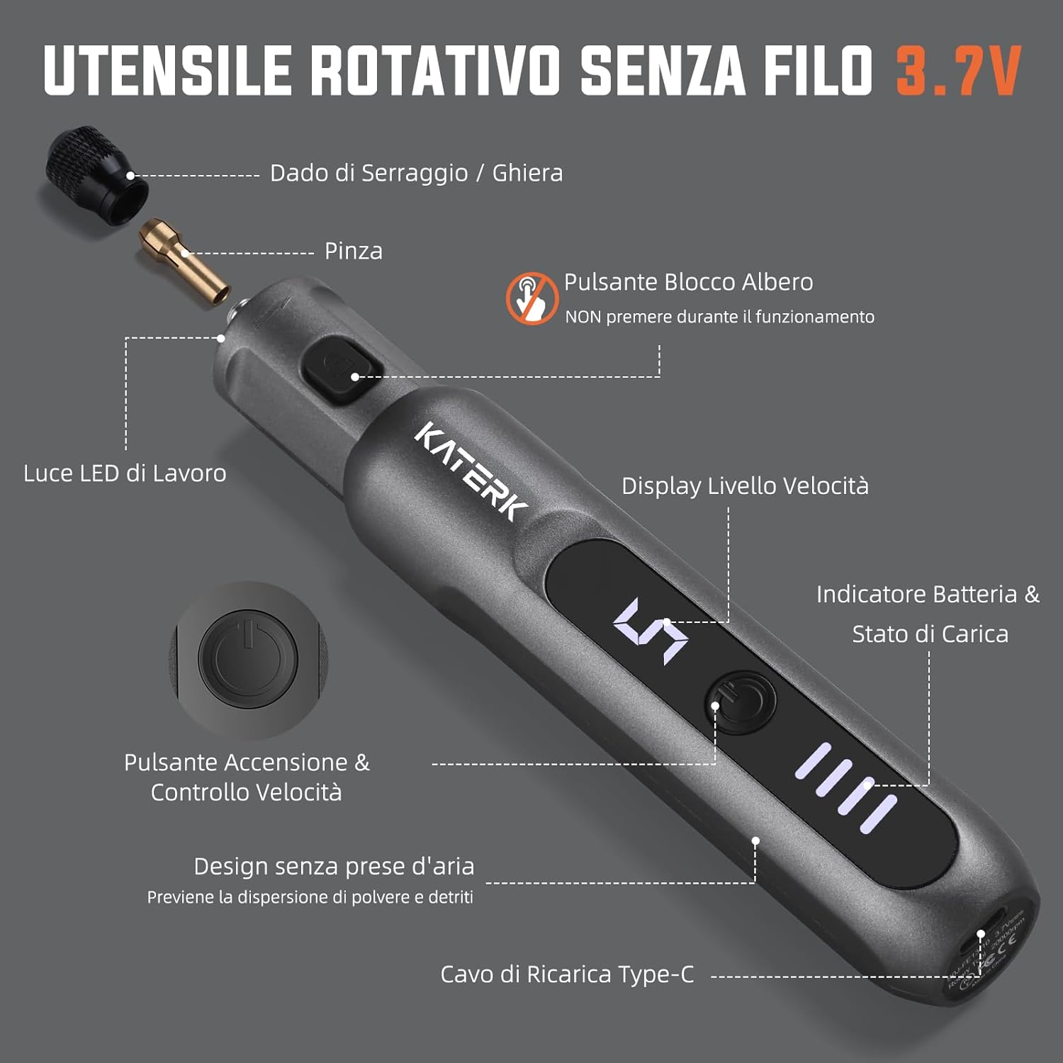 Detalle de Katerk Kit di Utensile Multifunzione 3.7V: 6 Marce, 70 Accessori e Display LED