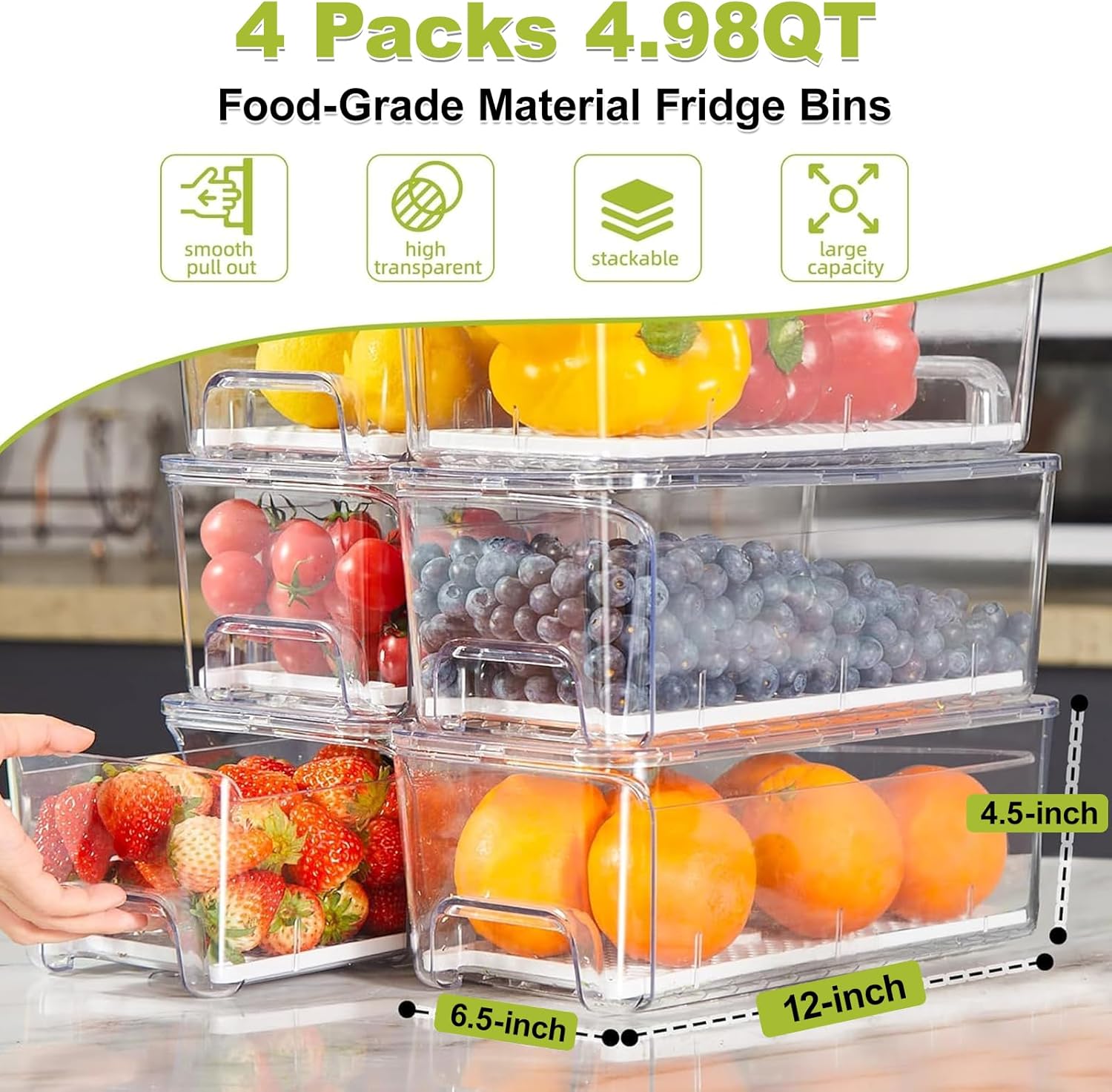 Thumbnail 1 de Brippo 4-Pack Refrigerator Drawer Organizer Bins with Strainer Layer