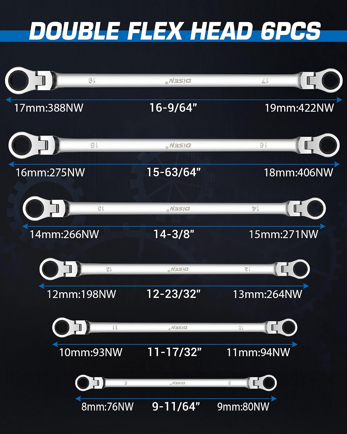 Thumbnail 1 de DISEN DS20JL0602 Extra-Long Flex-Head Ratcheting Wrench Set, 8–19 mm