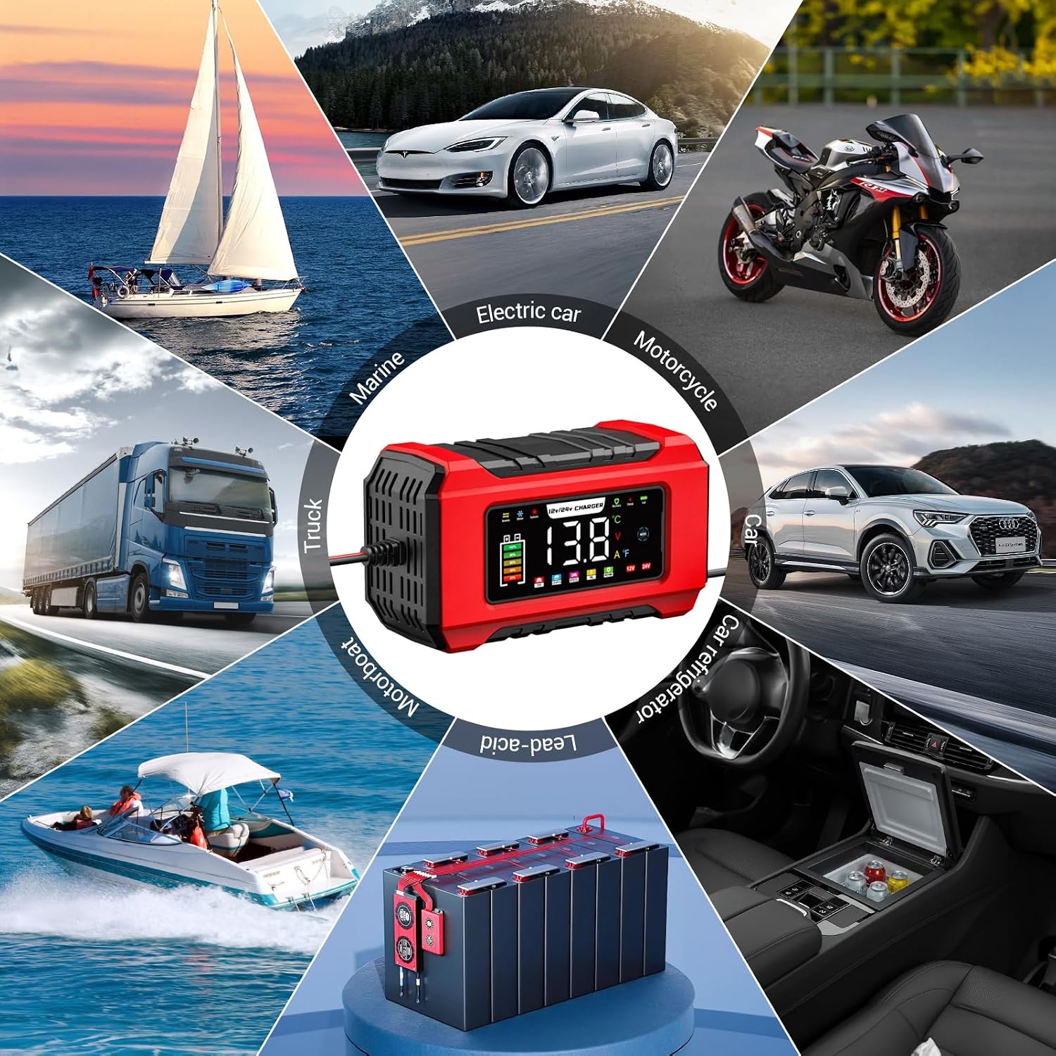 Thumbnail 3 de 15A Car Battery Charger, 12V/24V Smart Fully Automatic with Temperature Compensation