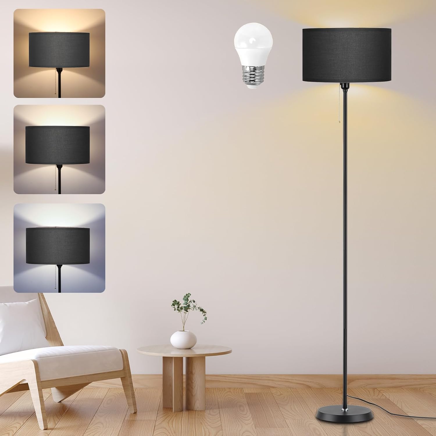 Detalle de AoMck AM33-B Farmhouse Floor Lamp with Black Linen Shade and 3-Colour LED