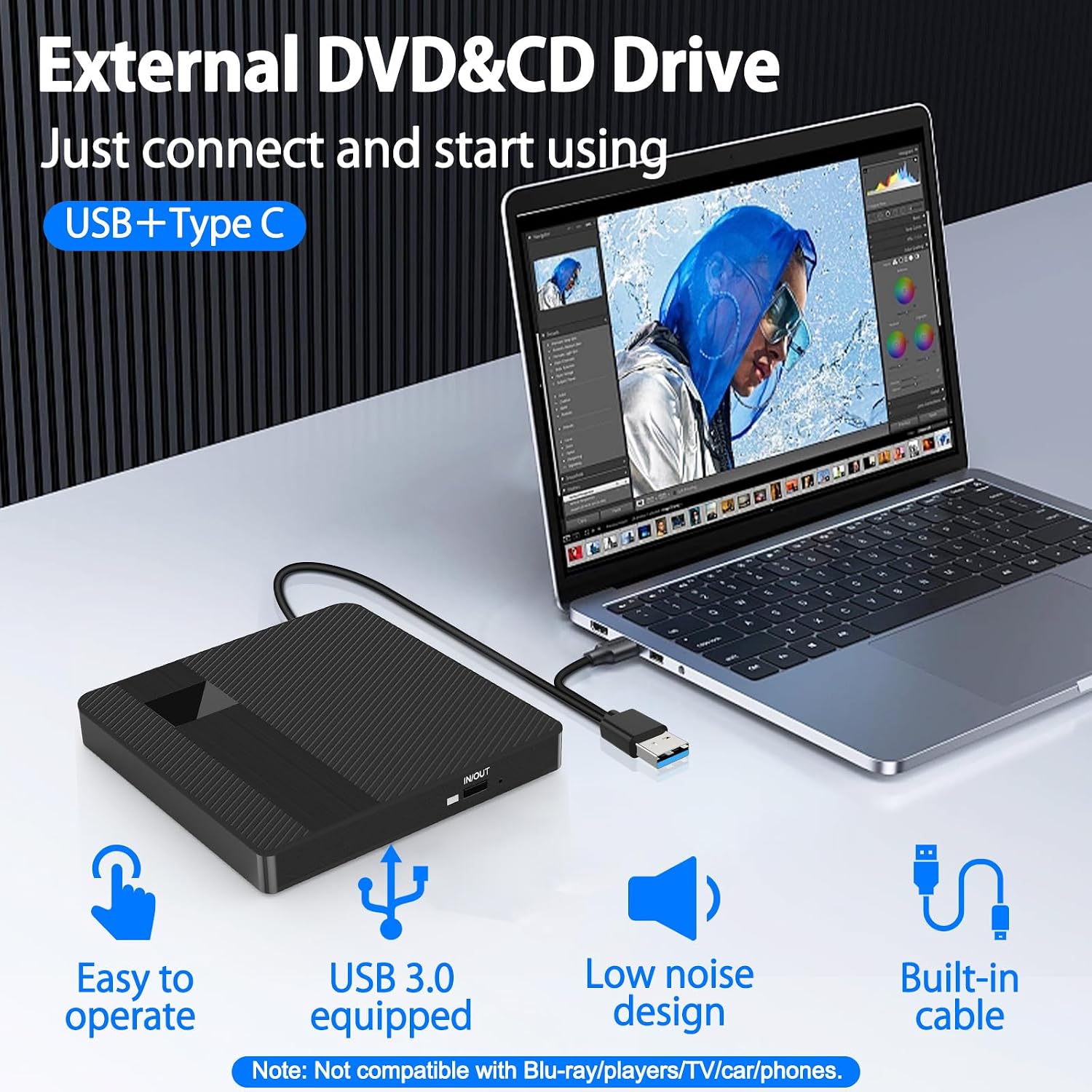Detalle de BNEHHOV External CD/DVD Drive with USB 3.0 Type-C: Portable, Plug-and-Play, cross‑platform optical reader/writer