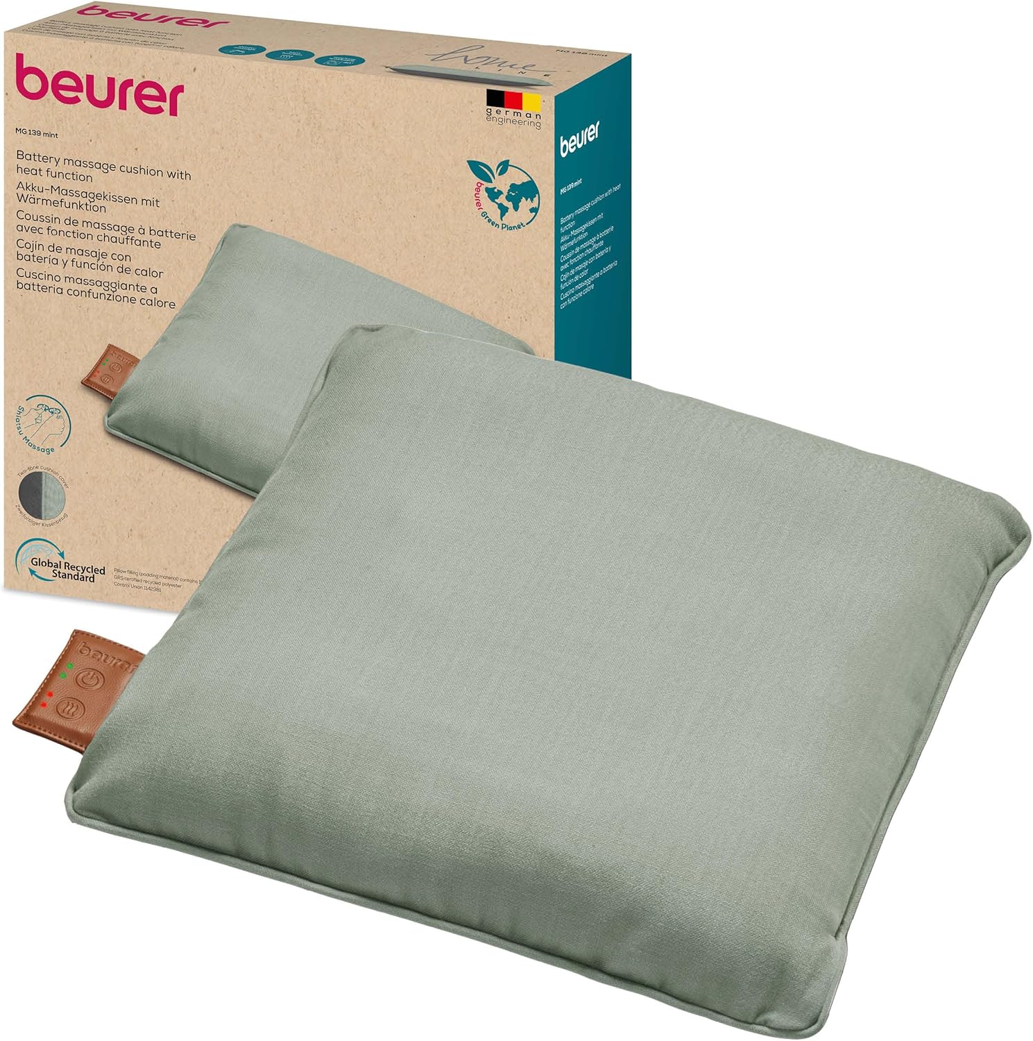 Beurer MG 139 Coussin de Massage Shiatsu sans Fil avec Chauffage – 40 x 40 cm, mint