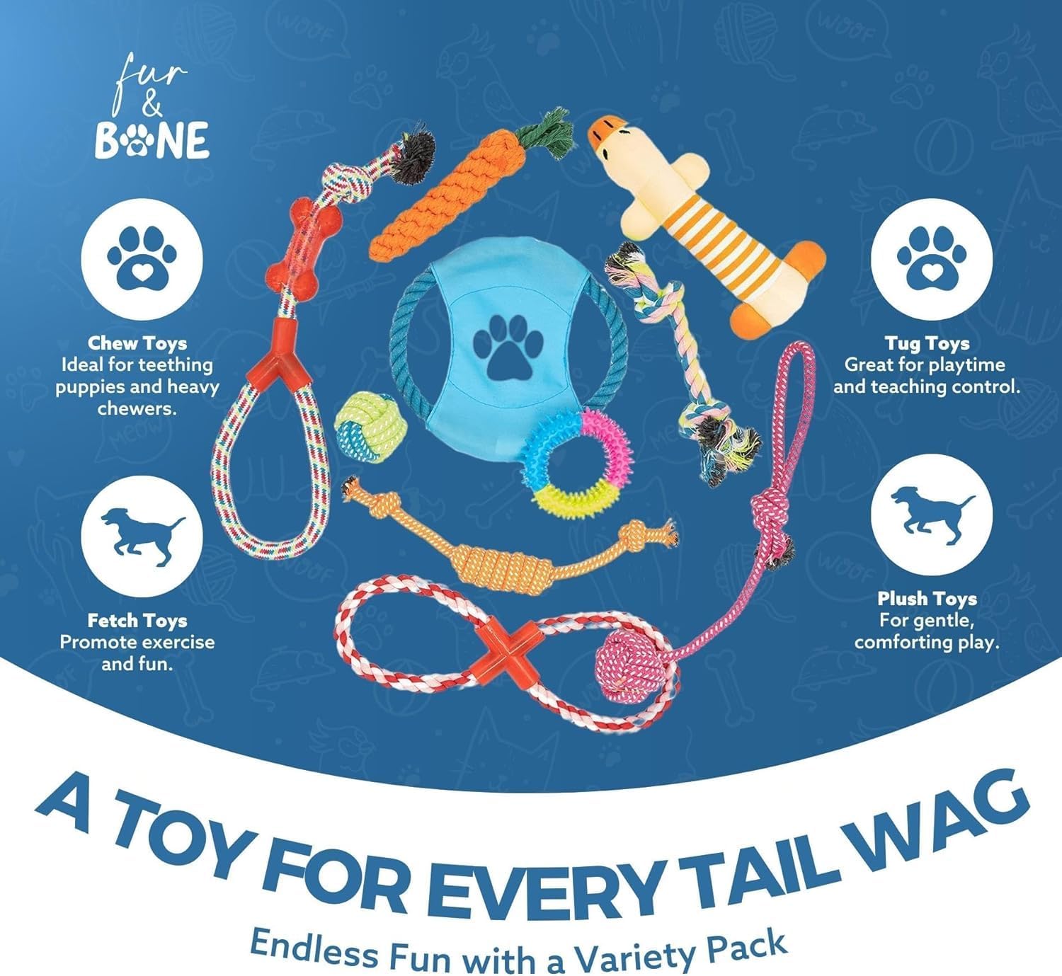 Thumbnail 1 de Fur & Bone Dog Chew Toys (10-Pack) – Puppy Teething & Interactive Set