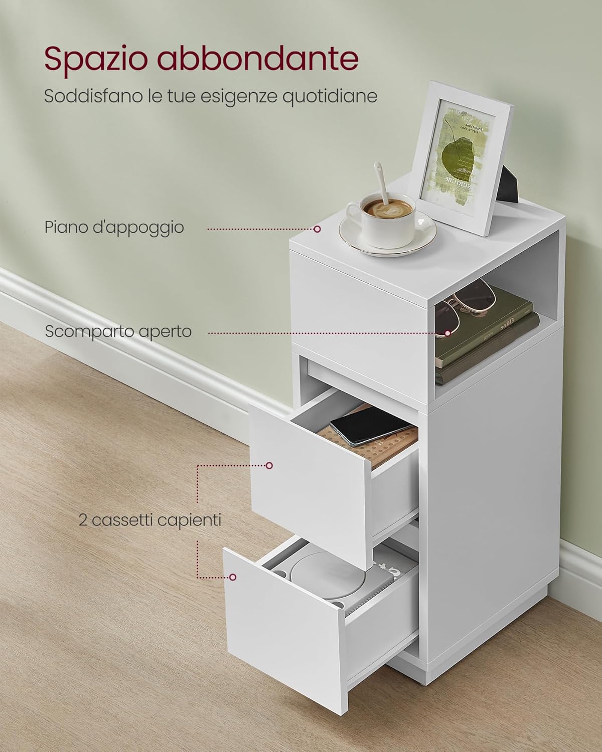 Thumbnail 4 de VASAGLE KAILYN Collezione – Comodini stretti in set di 2, 2 cassetti e scomparto, Bianco Nuvola (LET856W01)