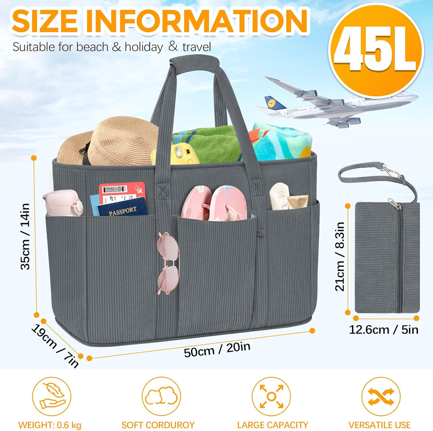 Detalle de TEUEN Große Strandtasche mit Reißverschluss, 45L – XXL Tote Bag aus Cordvelours für Strand, Einkauf und Alltag