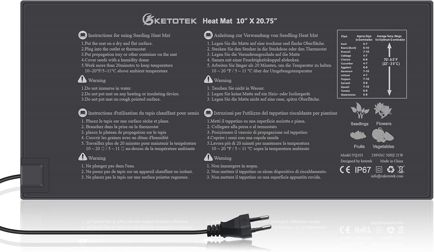 KETOTEK Tappeto Riscaldante per semenzaio 220V, IP67, 21W (25,2 x 52,6 cm)