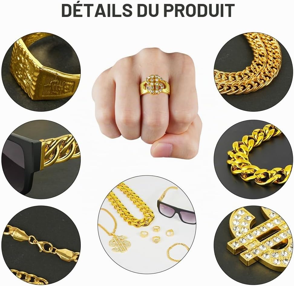 Thumbnail 3 de BSBUY 10-delige hiphop-kostuumaccessoireset met gouden kettingen en ringen