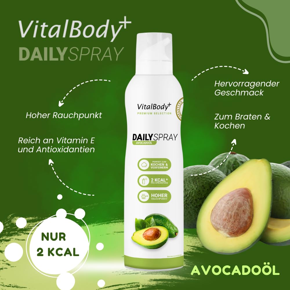 Detalle de VitalBody+ DailySpray Avocadoöl – 2 kcal pro Sprühstoß, kalorienarm, antihaftend für Airfryer, Braten & Grillen