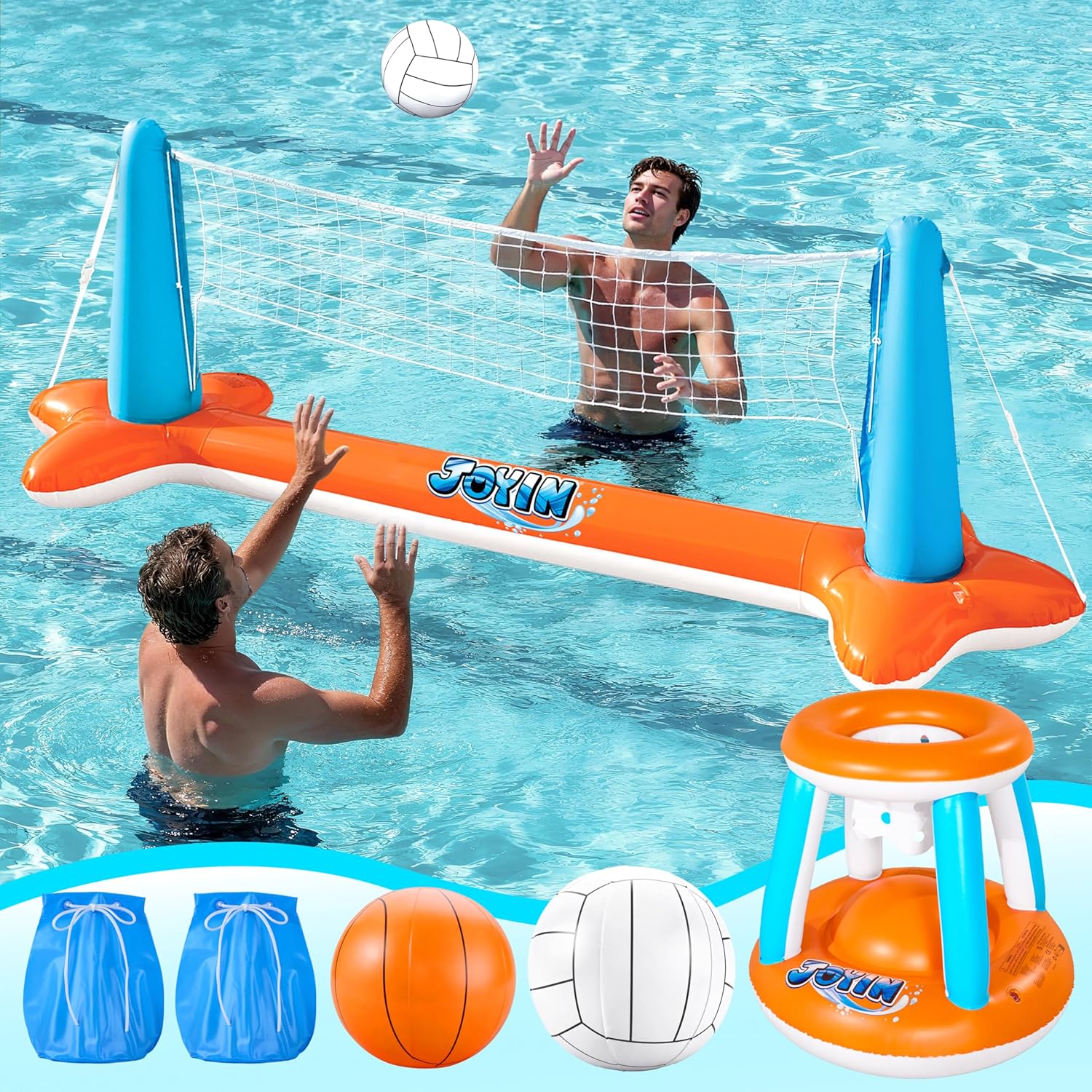 Detalle 2 de JOYIN Inflatable Pool Float Set: Volleyball Court Net + Basketball Hoops (Inflatable Summer Water Game)