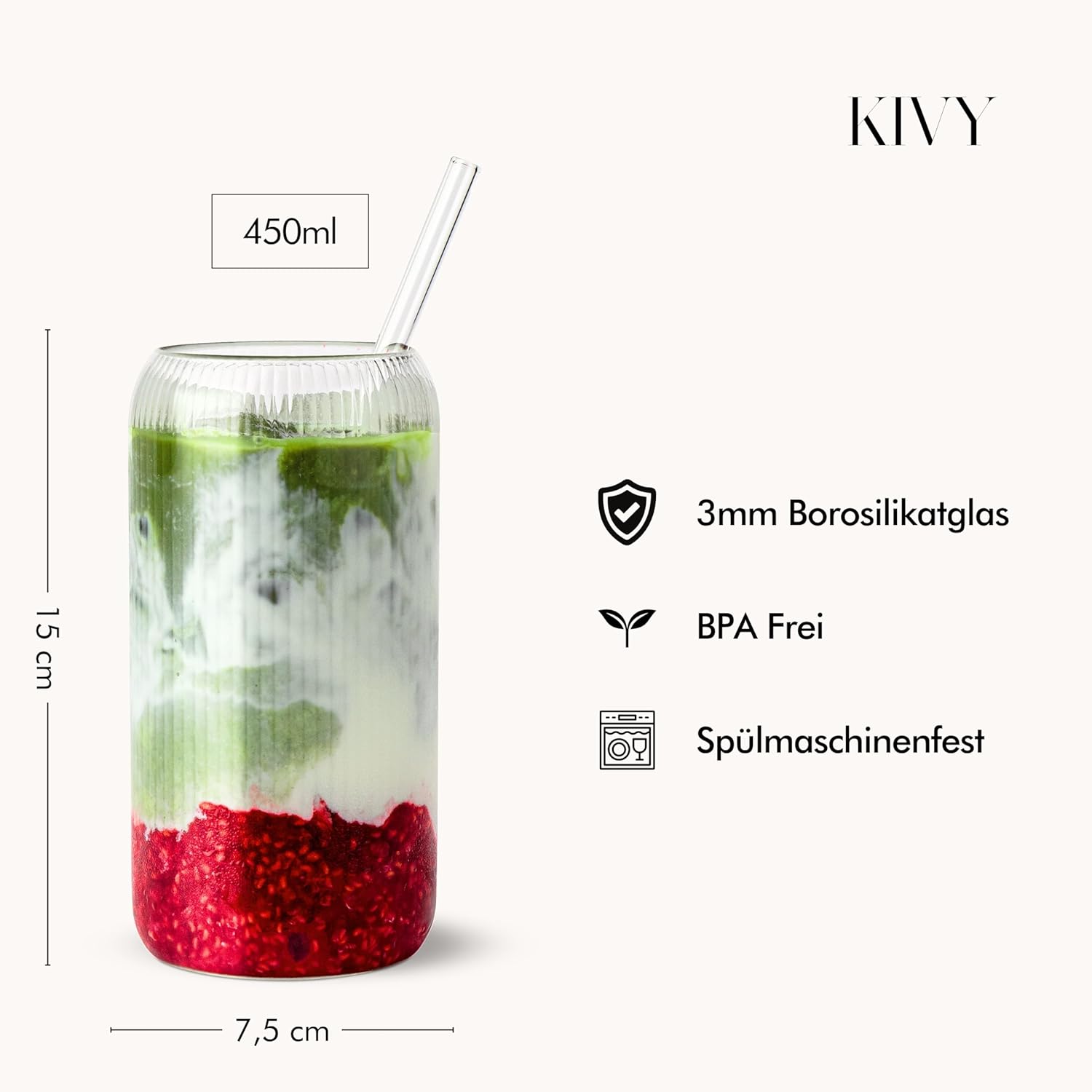 Detalle 2 de KIVY Geriffelte Gläser 4er Set – 450 ml, Strohhalm, Borosilikatglas, spülmaschinenfest