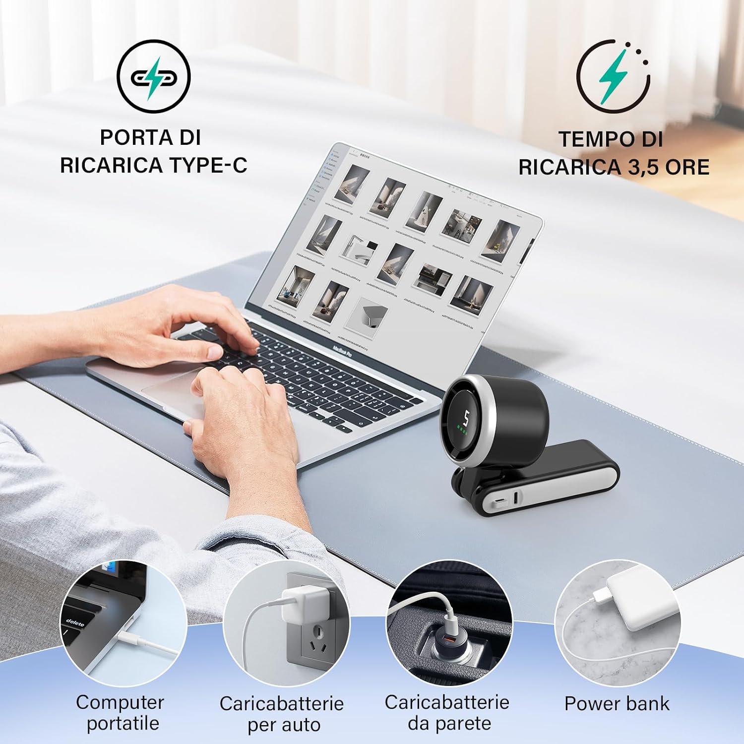 Detalle 2 de KARFUN Ventilatore Portatile: Mini ventilatore pieghevole 180° con display e 5 velocità