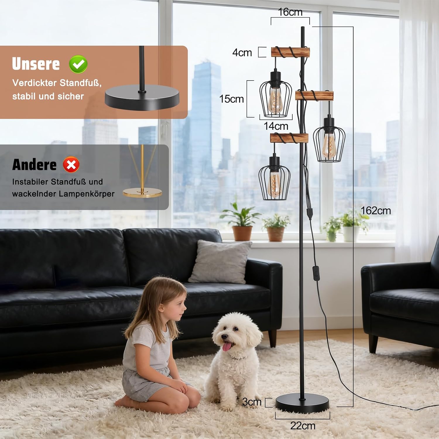 Thumbnail 4 de ZMH Vintage Stehlampe Wohnzimmer Holz – 3-flammig, Industriell, E27, rustikal