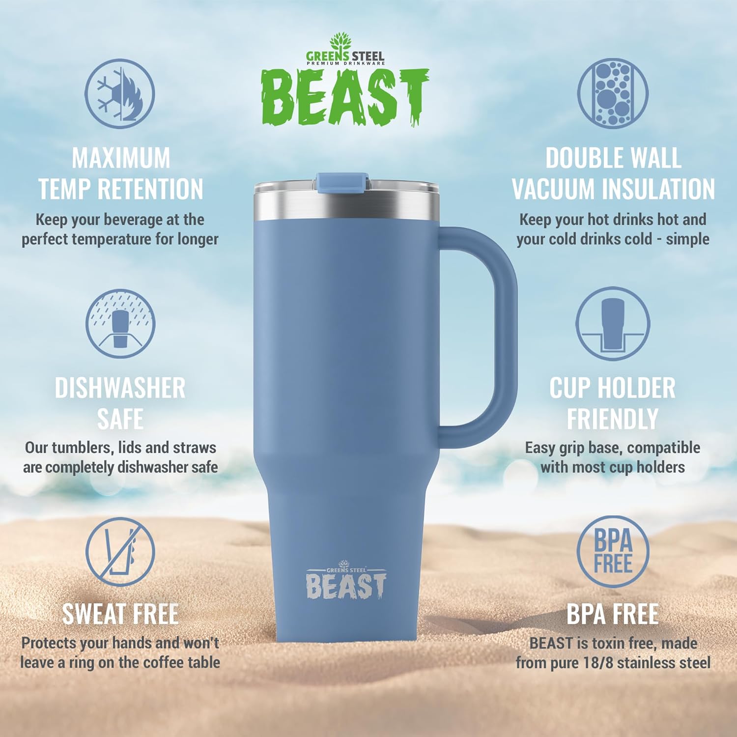Detalle de Beast Tumbler with Handle - 1300 ml (42 oz), Stormy Sky – Premium Stainless Steel Vacuum Insulated Cup