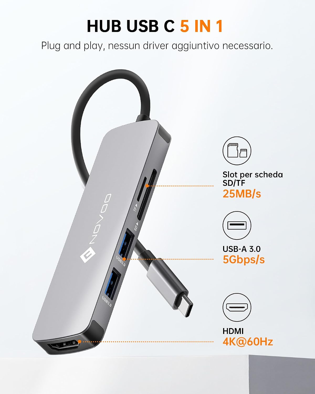 Detalle 2 de NOVOO Hub USB C 5 in 1: espansione pratica per Mac, Chromebook e oltre
