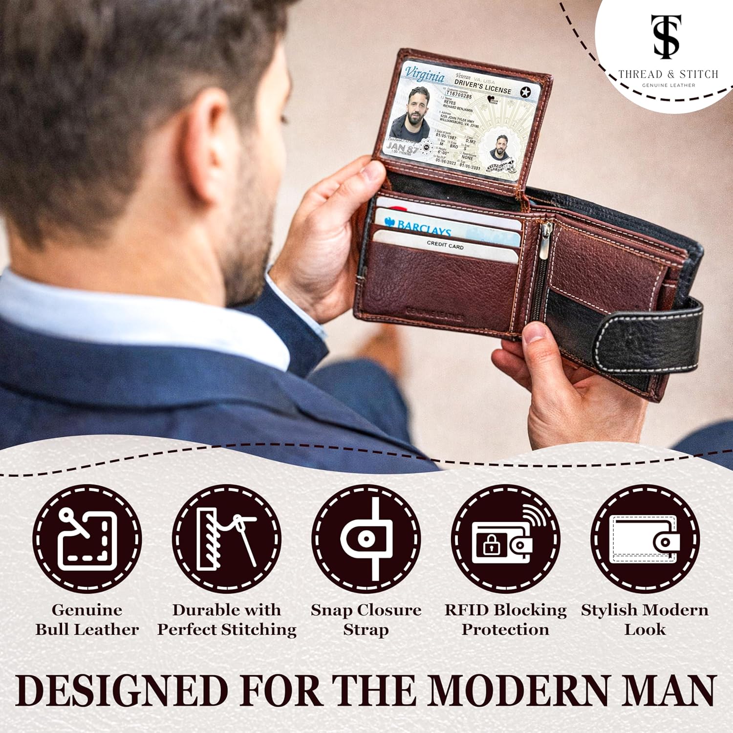 Detalle de Thread & Stitch Genuine Leather Wallet for Men – Bifold with RFID Blocking and 10 Card Slots