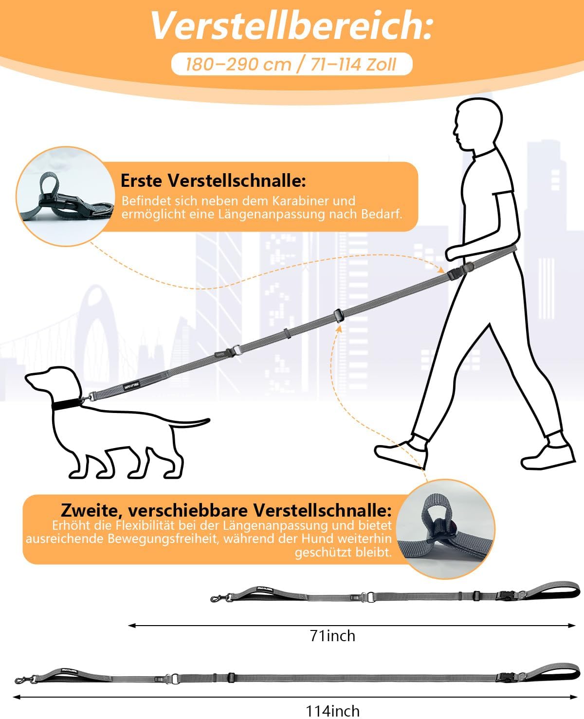 Detalle 2 de WANFIRE Freihandleinen Hundeleine für Große bis Mittelgroße Hunde – 1,8–2,9 m mit Sicherheitsgurt und Reflektoren