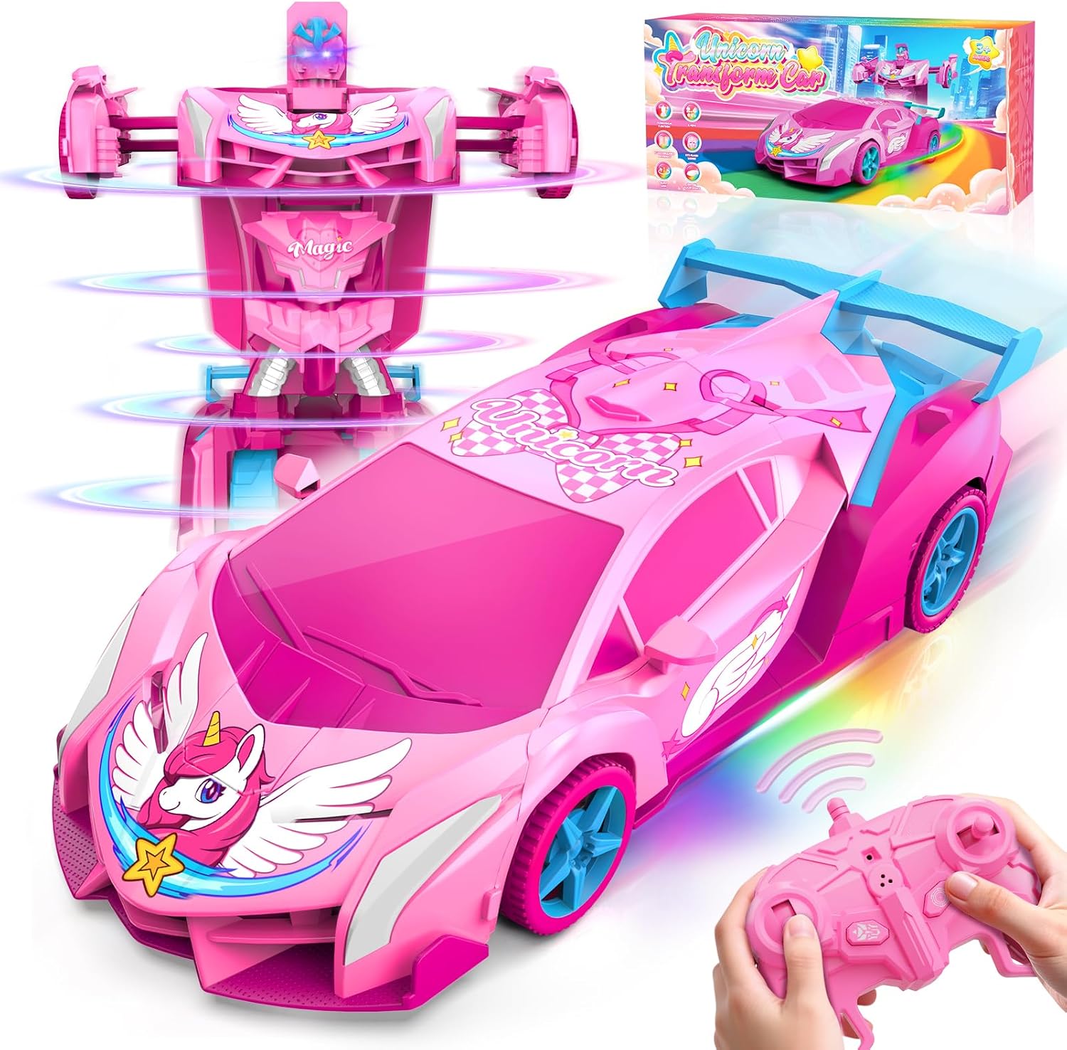 Detalle de Unicorn Transform RC Cars for Girls Toys with Rainbow Eyes & Underbody Lights