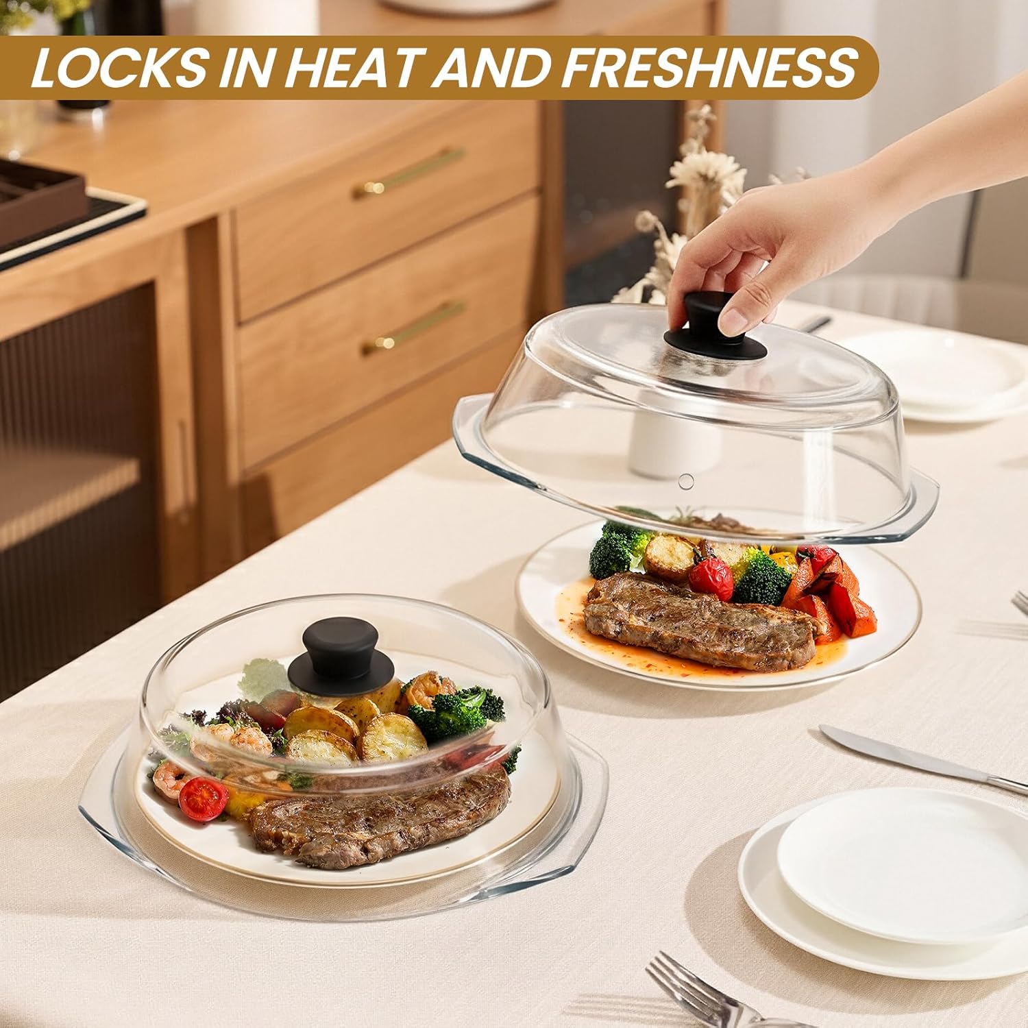 Detalle de 2 in 1 Tall Glass Microwave Splatter Cover with Silicone Mat — 10in Glass Cover & 12in Mat for Food, BPA-Free and Heat-Resistant