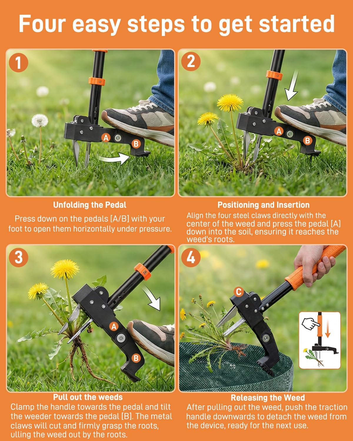 Thumbnail 6 de FAUETI Weed Puller: Adjustable Stand-Up Weeding Tool with Ejector, 4-Claw Root Remover and 50L Leaf Bag