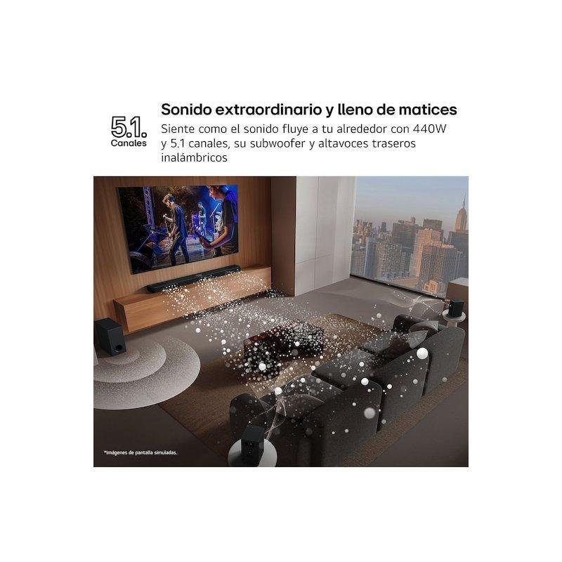 Detalle de LG S60TR: Barra de sonido 5.1 real con subwoofer inalámbrico y altavoces traseros