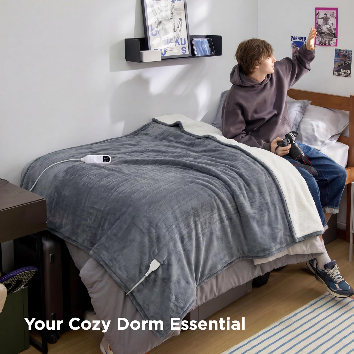 Detalle de Bedsure Twin Electric Blanket, 62x84 Inches, Gray Flannel with Preheat