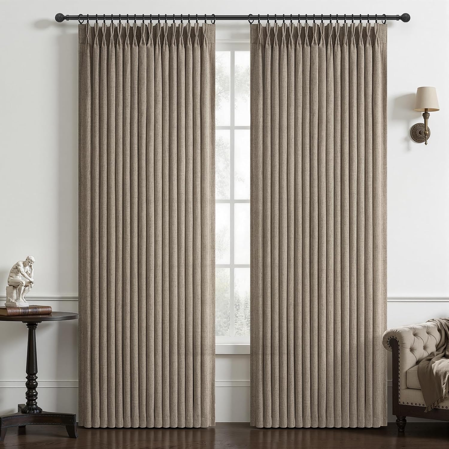 Detalle de LuxuNap Pinch Pleated Linen Blend Curtains, 50 x 84 in, Dark Flax, 2 Panels