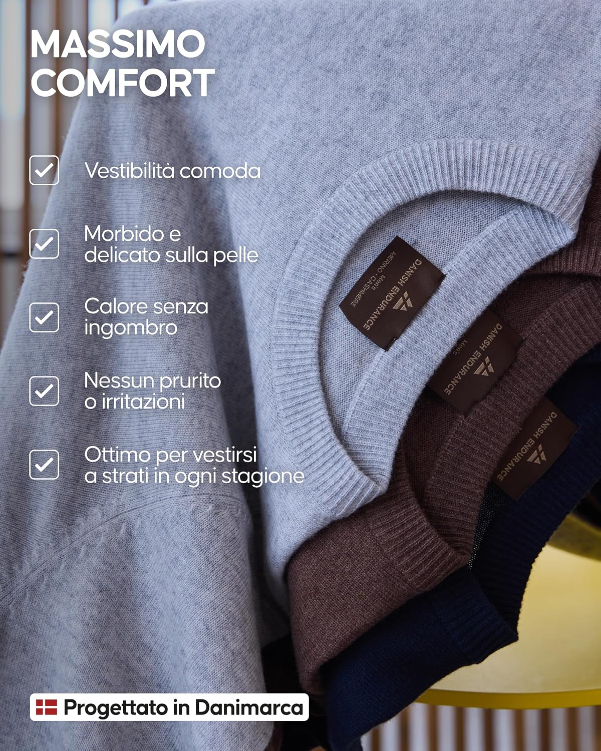 Detalle de DANISH ENDURANCE Maglioncino da Uomo a Maniche Lunghe in Mistura Lana Merino e Cashmere