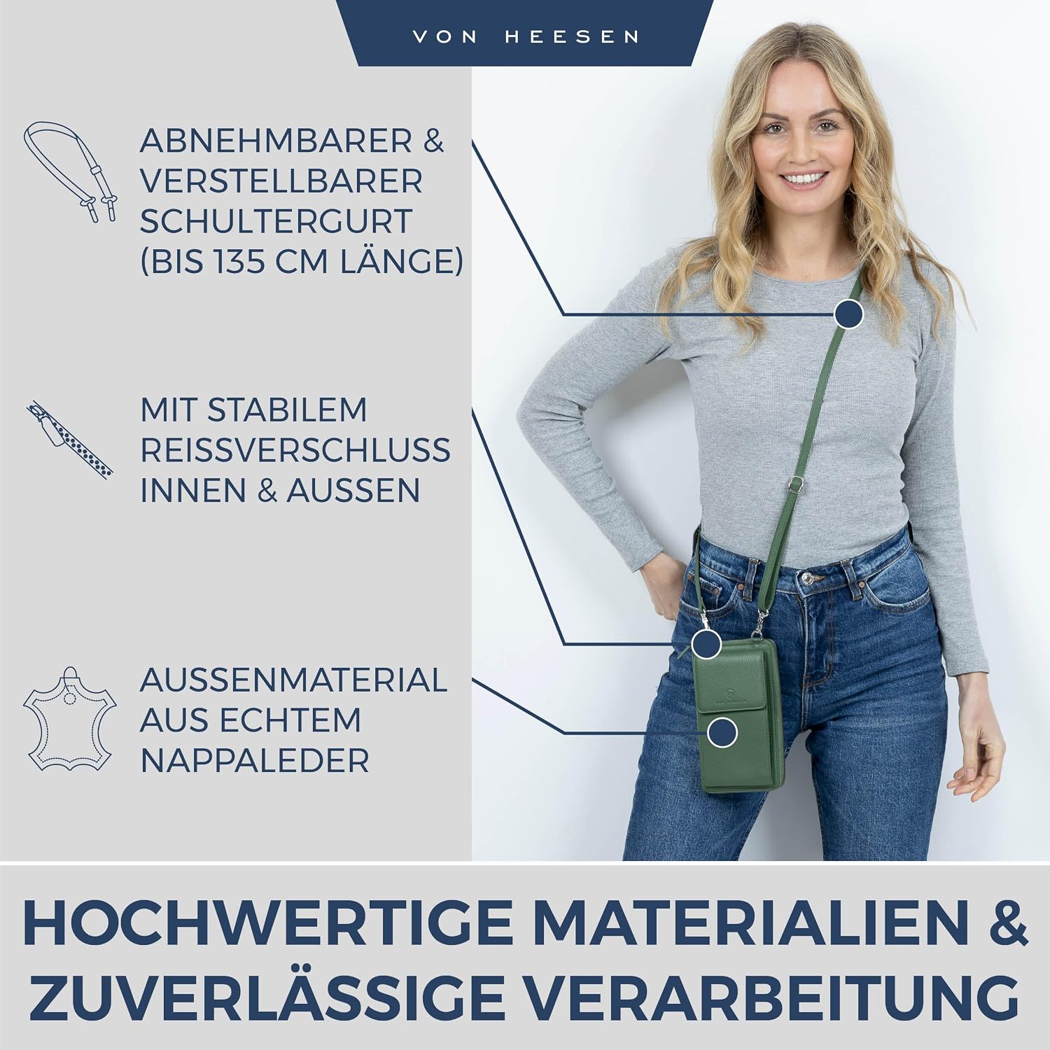 Detalle 2 de VON HEESEN Leder Handy-Geldbörse mit RFID-Schutz – Grüne Echtleder-Handytasche mit Wallet-Funktion für Damen & Herren