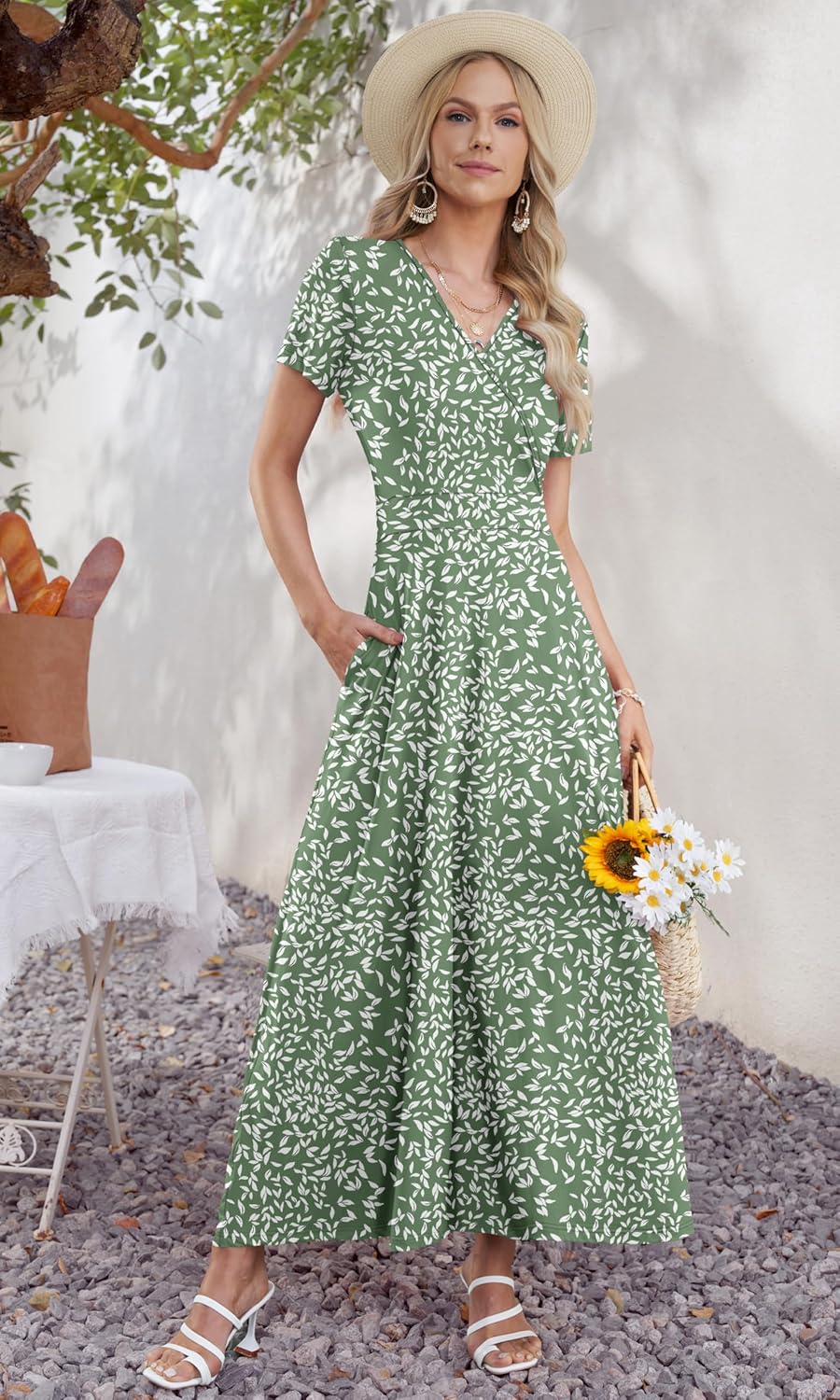 Detalle de Robe Longue Femme AUSELILY – Col en V, manches courtes, taille haute, poches