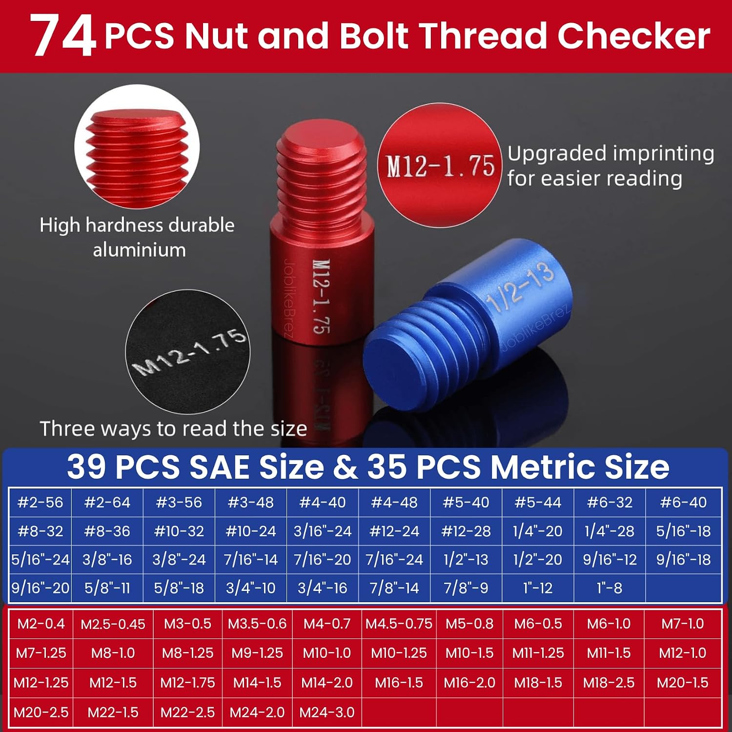Detalle 2 de JoblikeBrez 74-Piece Nut and Bolt Thread Checker, SAE and Metric