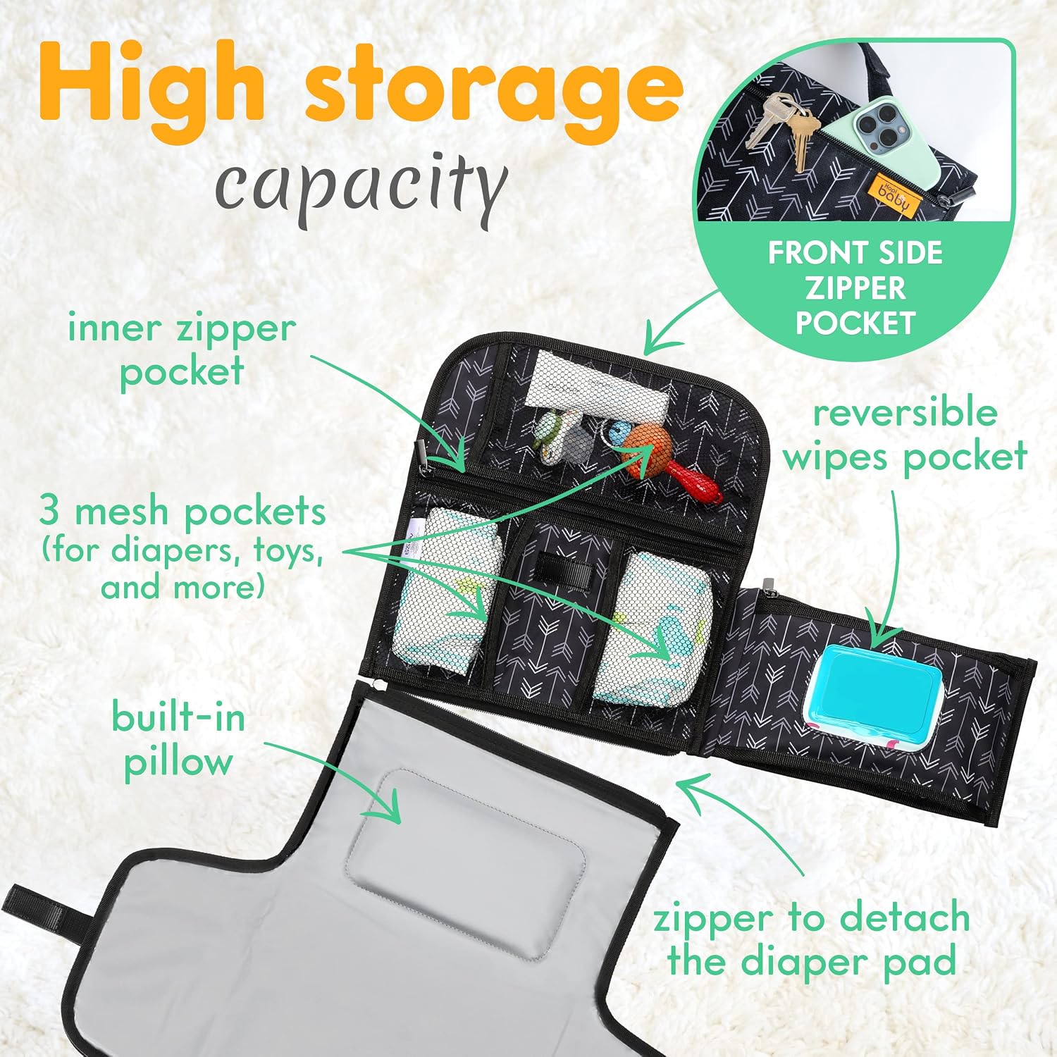 Detalle 2 de Kopi Baby Portable Diaper Changing Pad, 22-In Waterproof Pad, Black Arrows