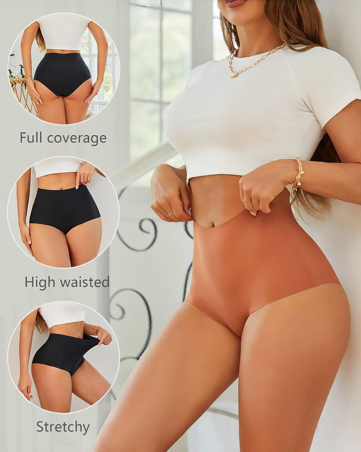 Detalle 2 de UNDER THE SEA Seamless High-Waisted Briefs, S-3XL, 100% Cotton Crotch