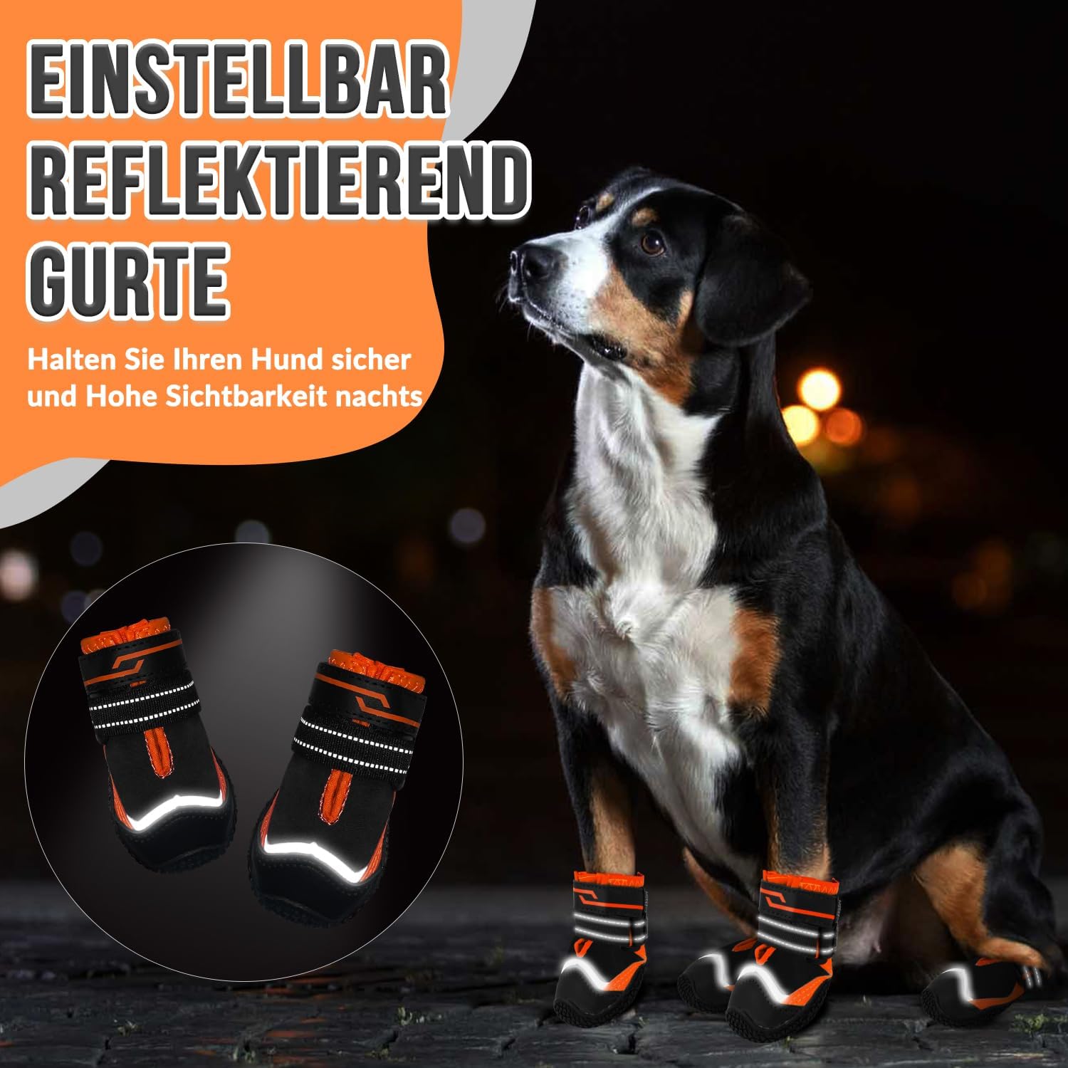 Detalle de Eyein Hundeschuhe Pfotenschutz (2 Stück) wasserabweisend, rutschfeste Sohle, reflektierender Klettverschluss – Größe 4, Orange