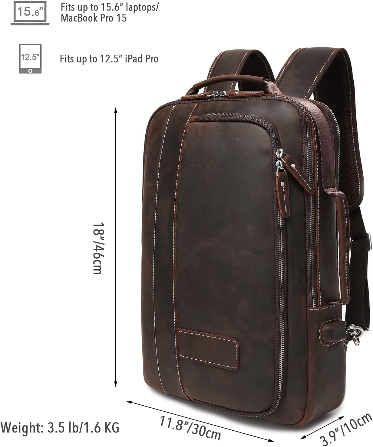 Detalle 2 de LANNSYNE Men's Full Grain Leather Expandable 15.6in Laptop Backpack Tote
