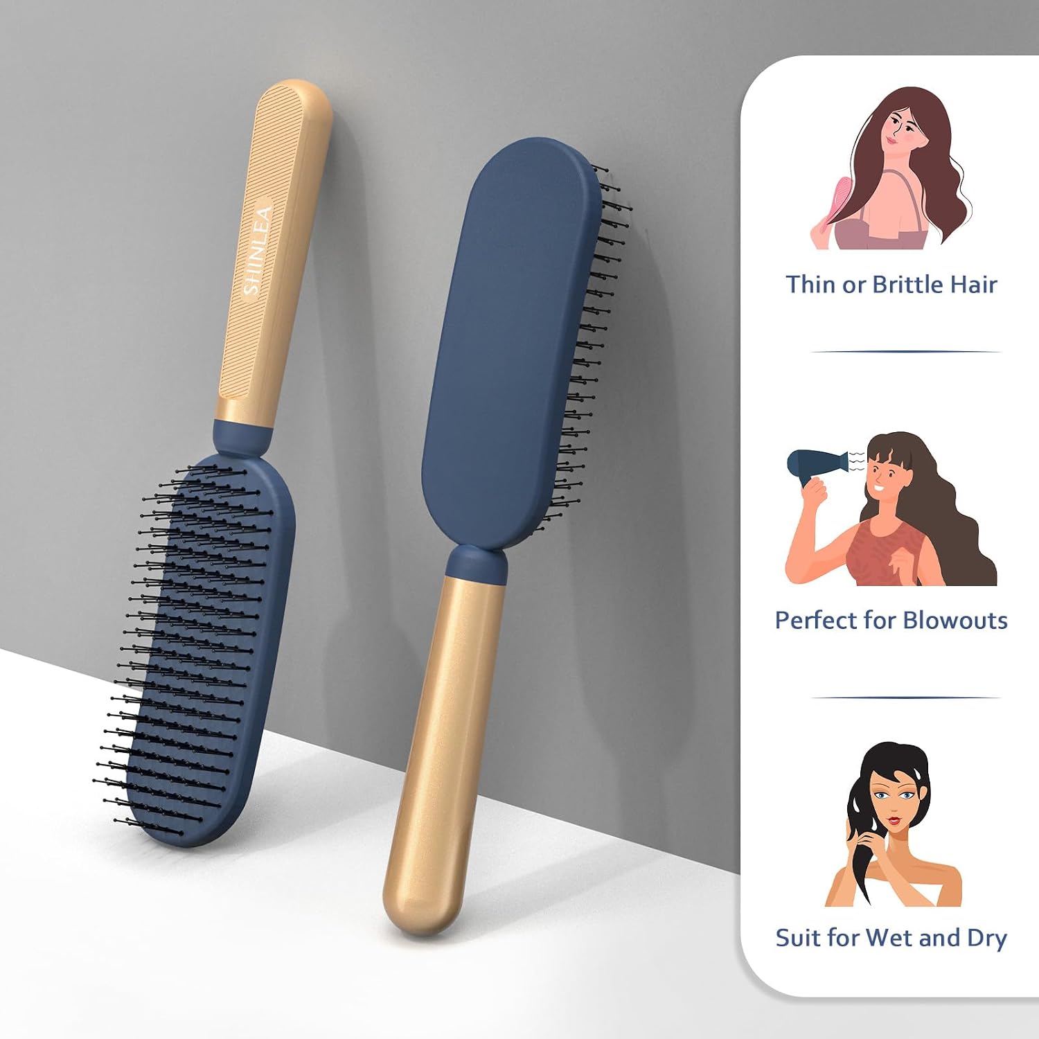 Detalle 2 de SHINLEA Detangler Slimy Hair Brush, Nylon Bristles, Navy and Gold