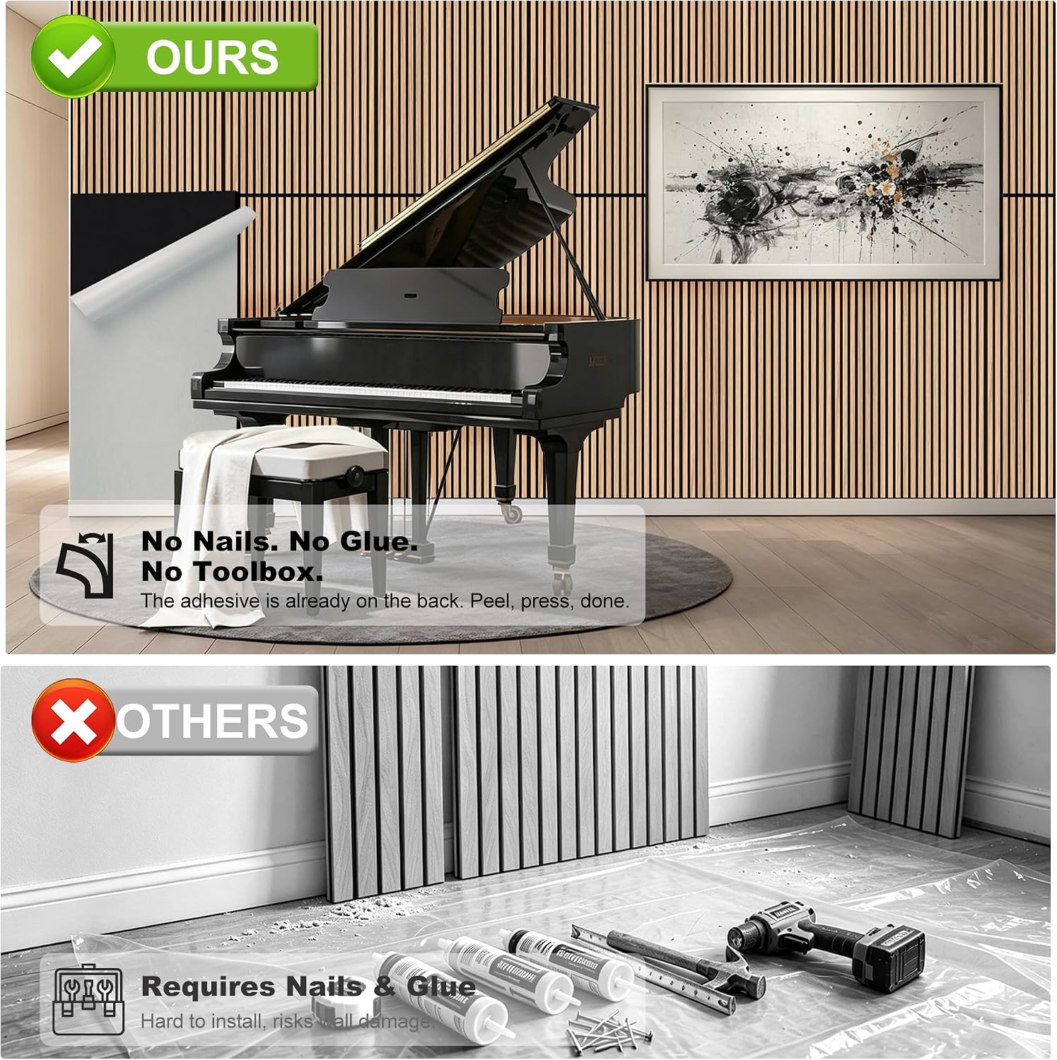 Detalle de WoveN SounD Acoustic Wall Panels, Natural Oak 10-Pack, Self-Adhesive Slat Design