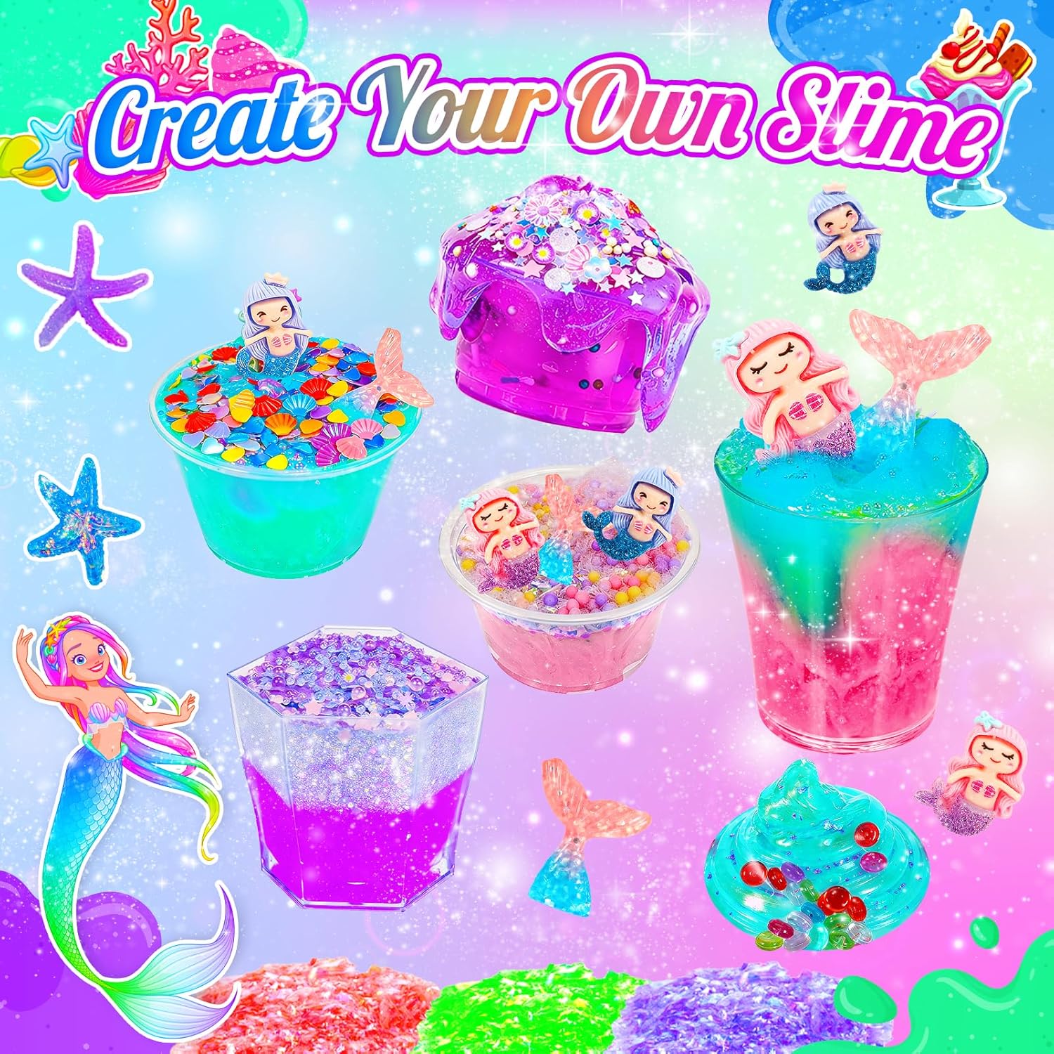 Detalle de iKidiki Slime Kit for 6–12 Year Olds: DIY Glitter Slime Set with Mermaid Accessories