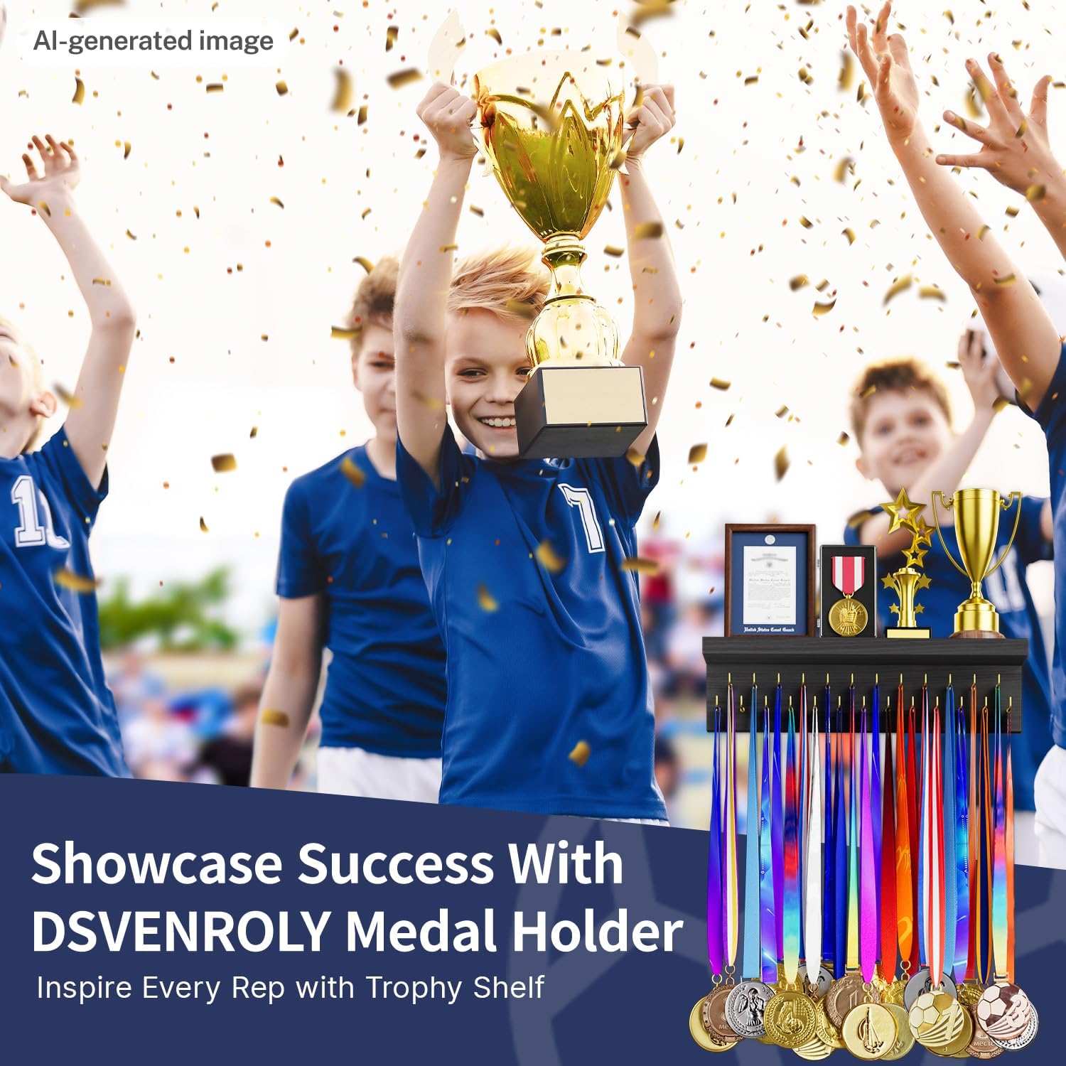 Thumbnail 1 de DSVENROLY Medal Hanger Wooden Display Shelf with 25 Steel Hooks