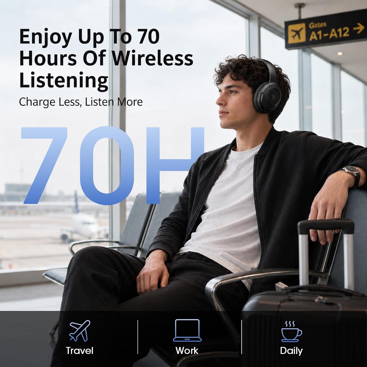 Thumbnail 1 de DOQAUS Life5 Wireless Over-Ear Headphones — 70h Playtime, BT 5.3, 3 EQ Modes, Foldable with Microphone (Black)